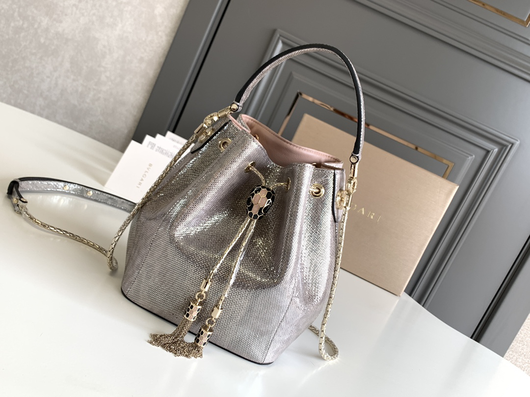 [TOP] BVLGARI Serpenti Forever Bucket Bag Snake Skin 16x11x19cm - Silver and Pink - 711 Luxury