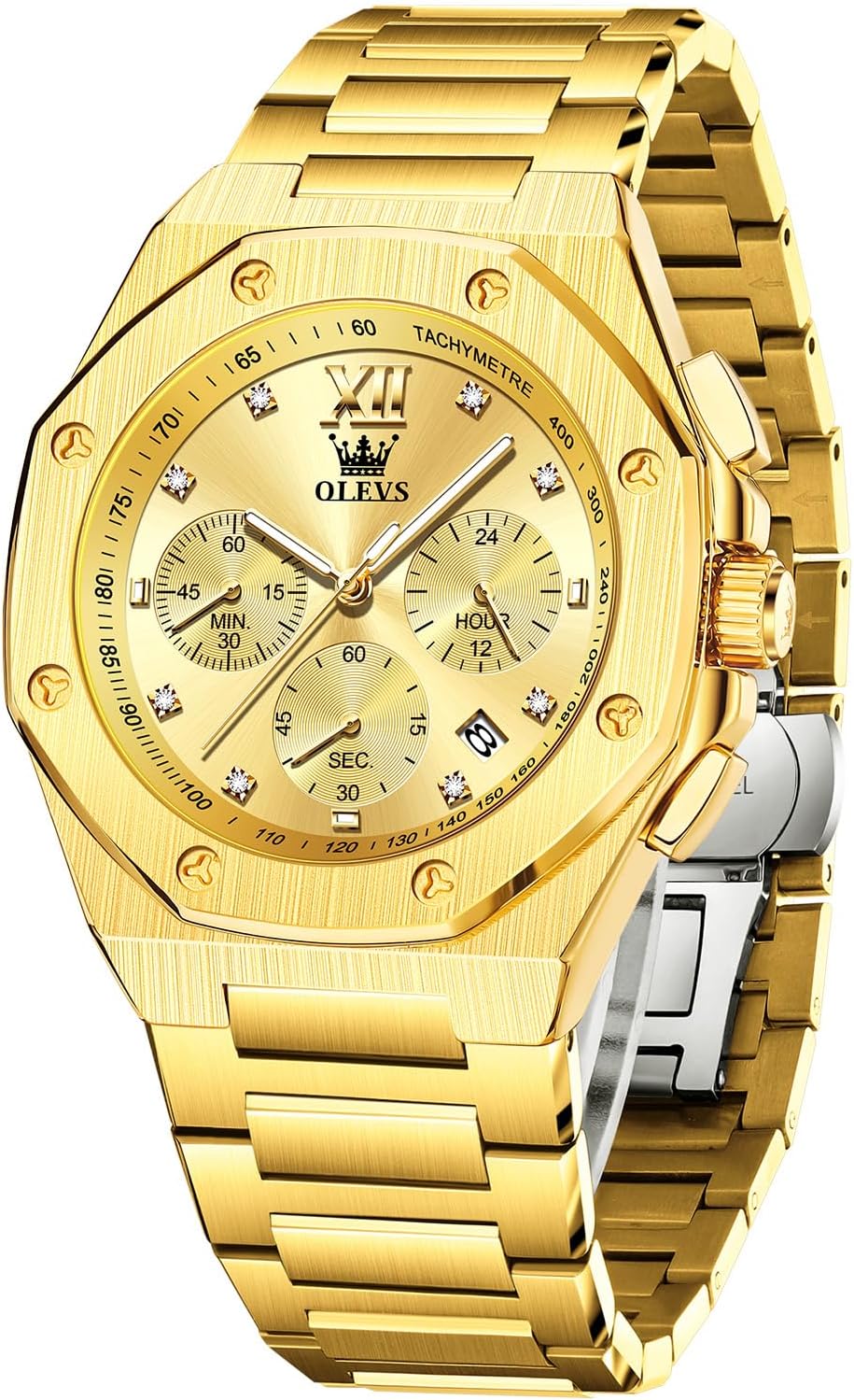 OLEVS Men's Stainless Steel Watch, Large Face Octagonal Three-Hand Analog Quartz Watches for Men, Luxury Easy to Read Calendar Date Waterproof Luminous Mens Wristwatch