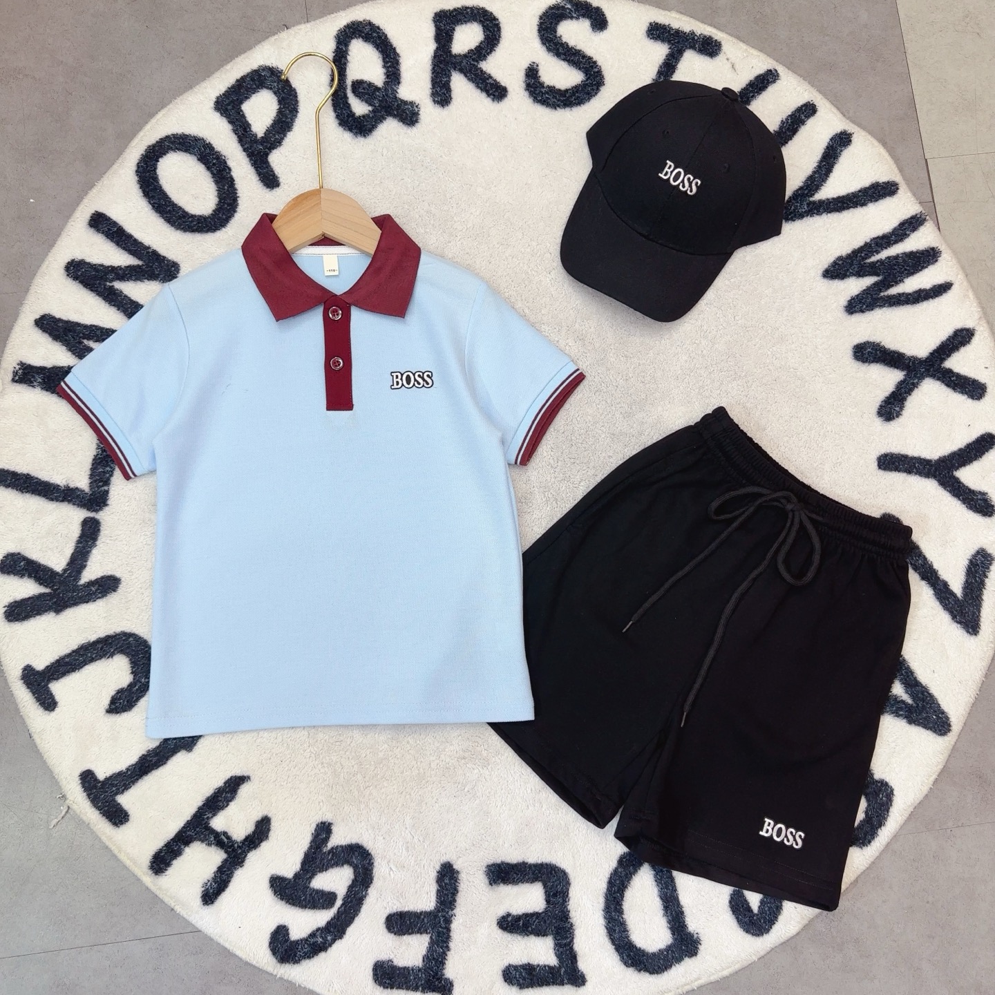 Boss Unisex Boys Light Blue Black Contrast Collar Short Sleeve Polo & Elastic Waist Shorts Set Sizes 90-160