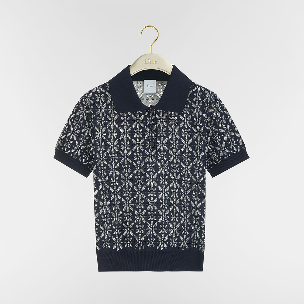 DIOR Dioriviera Short-Sleeved Sweater Navy Blue Floral Openwork Cotton Knit #385288
