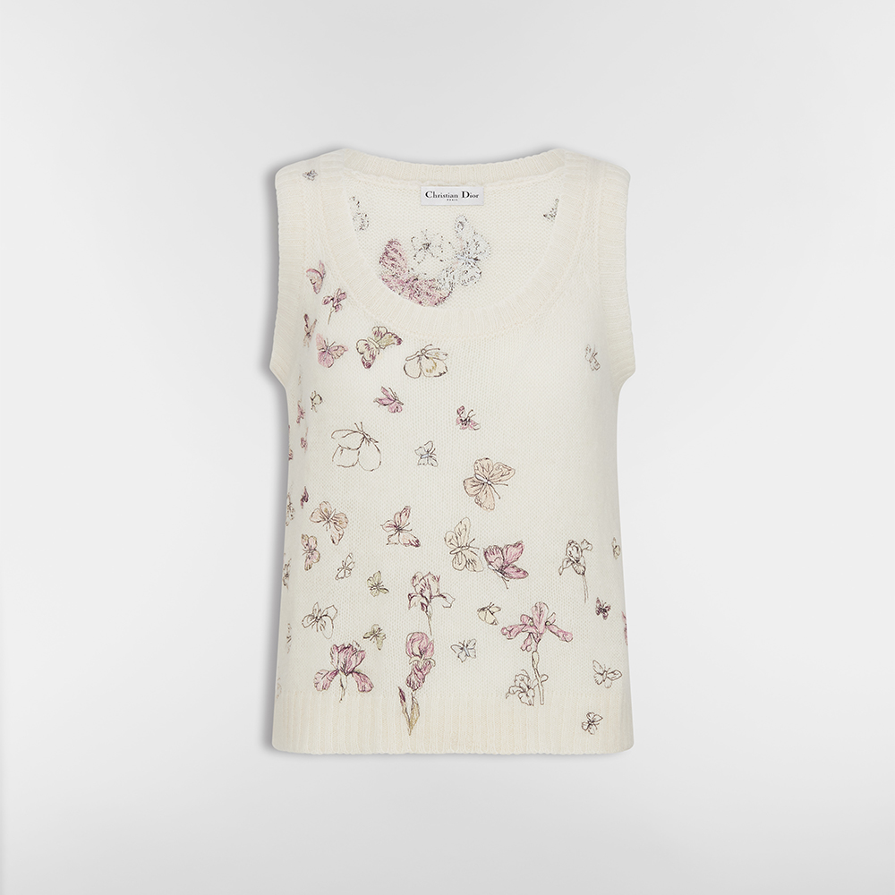 Dior White Alpaca Cashmere and Silk Blend Knitted Fabric Multicolor Butterflies Iris Pattern #380108