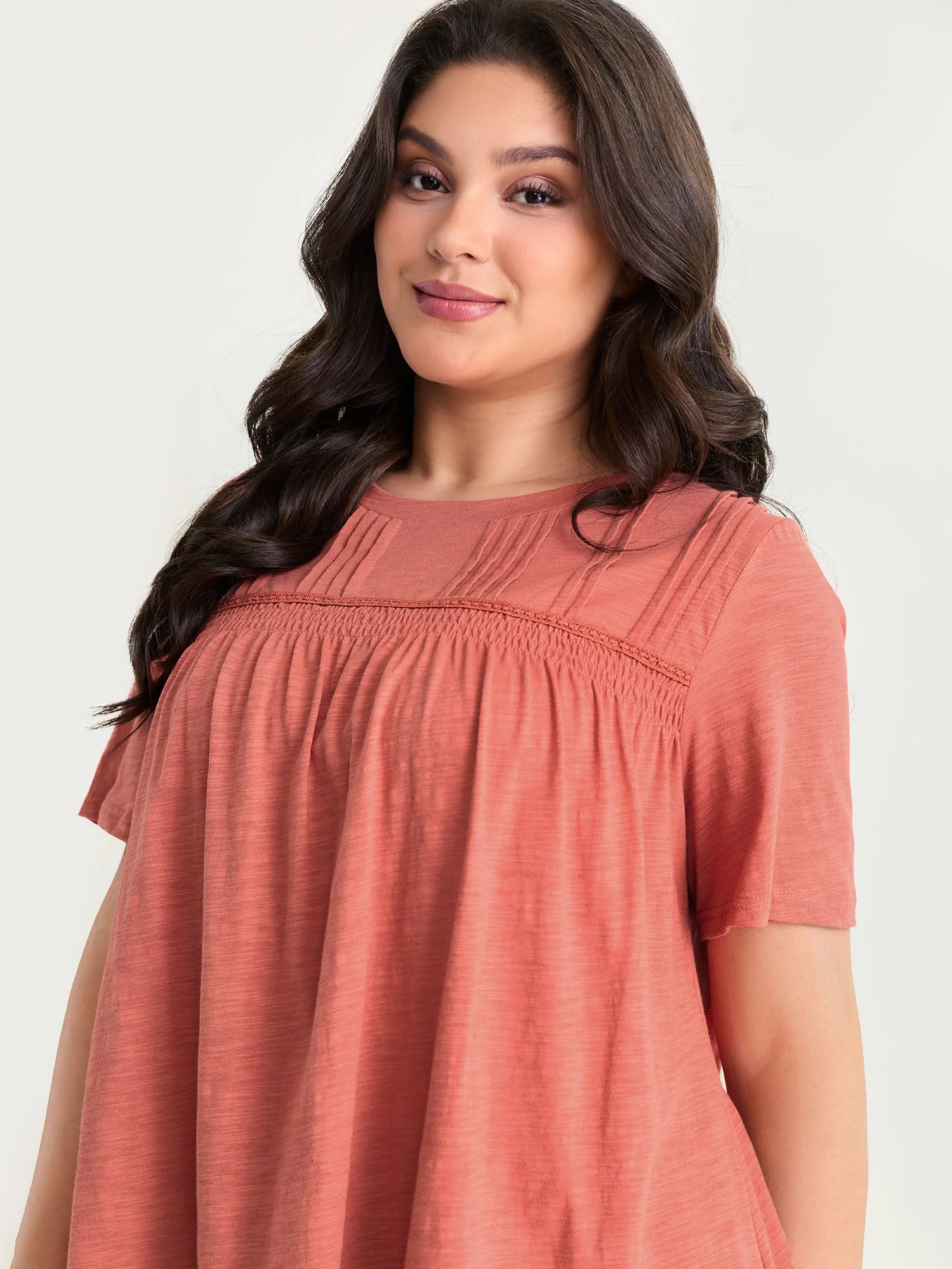 Cotton Stretchy Lace Trim Flowy T-Shirt