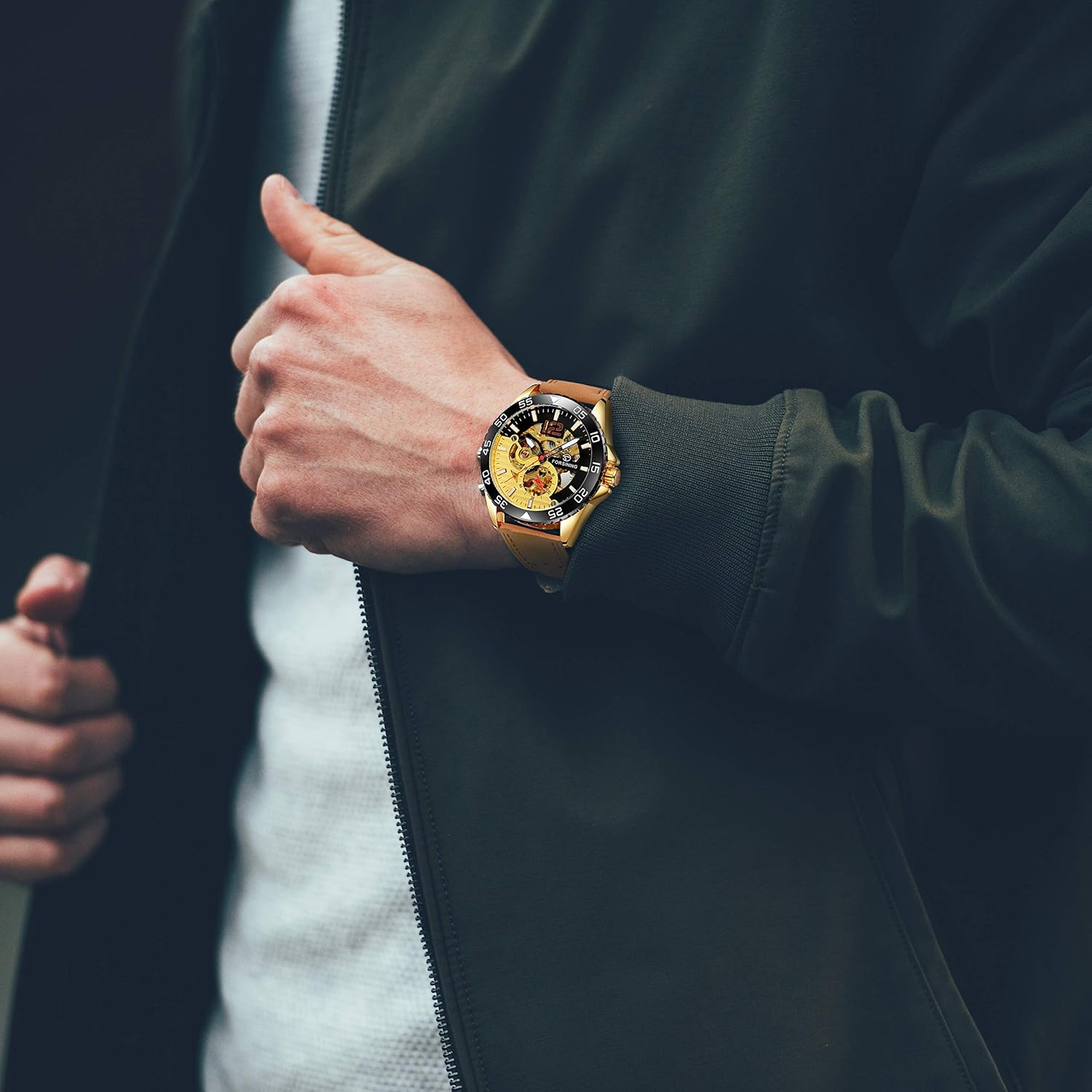 IK COLOURING Men's Watch, Mechanical Two-Tone Face Skeleton Steampunk Design Automatic Self-Winding Arabic Numeral Wrist Watch