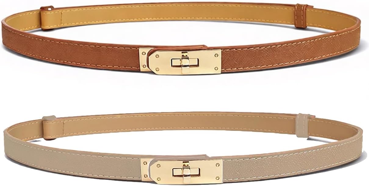 BEMYLV 2 Pack Skinny Belts for Women Dresses Fashion Adjustable Waist Belt for Pants Jeans Business Casual Outfit