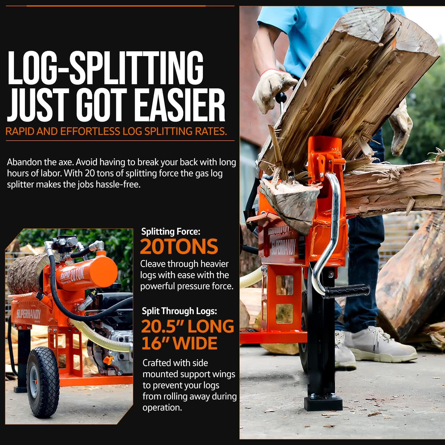SuperHandy Log Splitter, 20 Ton, Gas Powered 7 HP Engine, Automatic Wood Splitting Wedge Machine