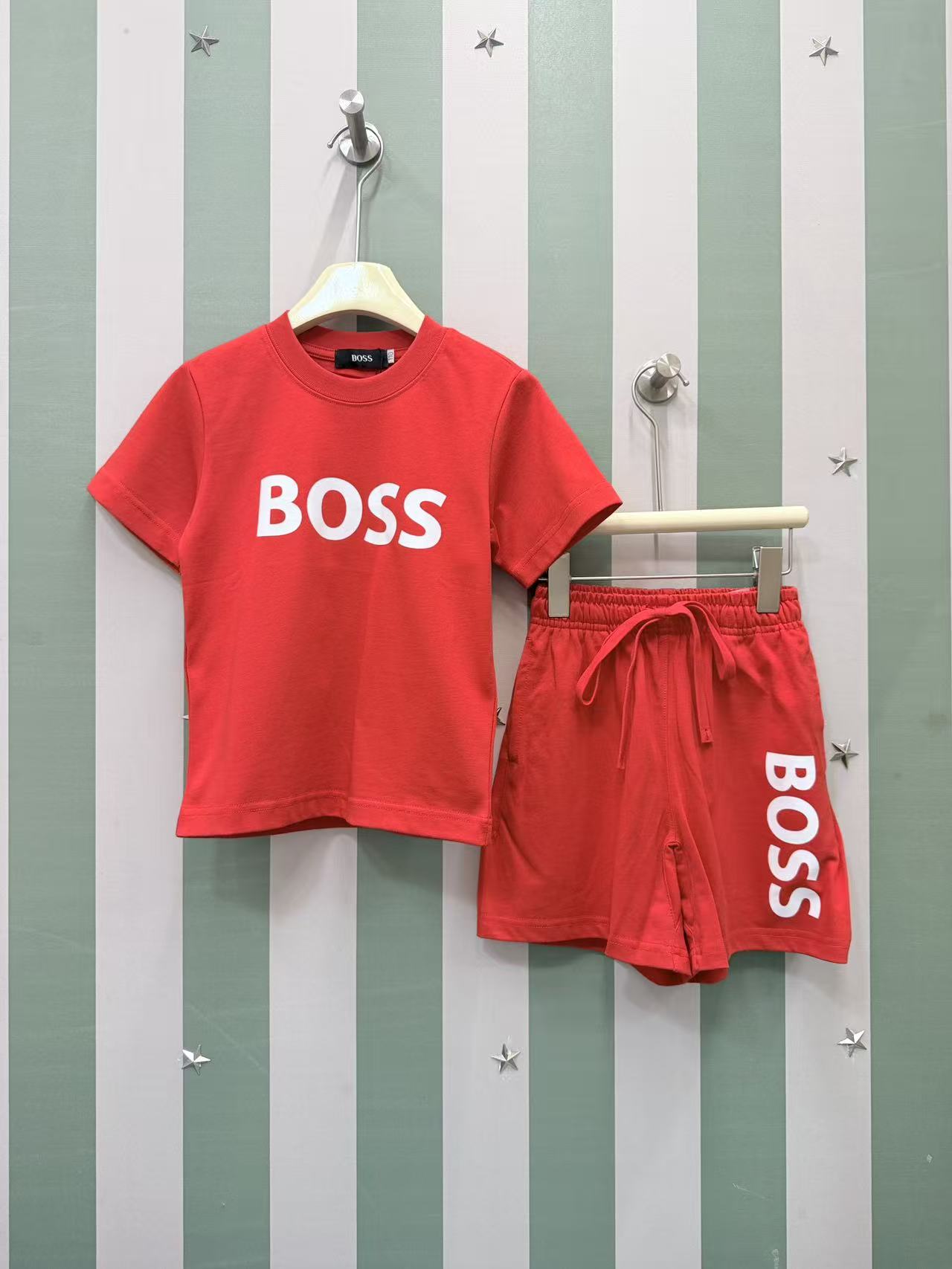 Boss Unisex Kids Red Big Letter Print Short Sleeve T-Shirt & Matching Drawstring Shorts Set Boys Girls Sizes 110-150,