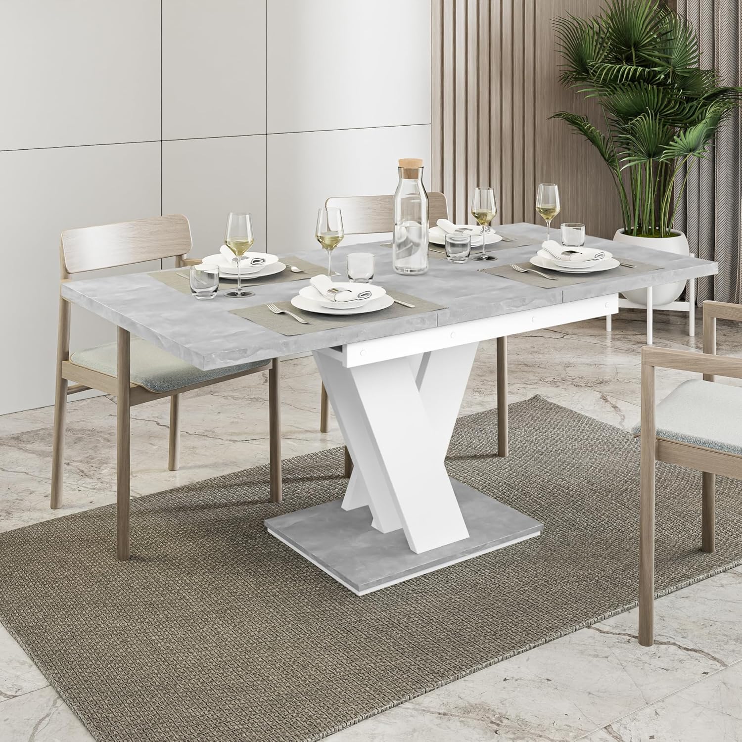 PHD FURNITURE Extendable Dining Table 120–160 cm, Modern 4–6 Seater with V-Shape Base, Black Royal Marble Effect Top, Space-Saving Dining Table for Kitchen or Dining Room