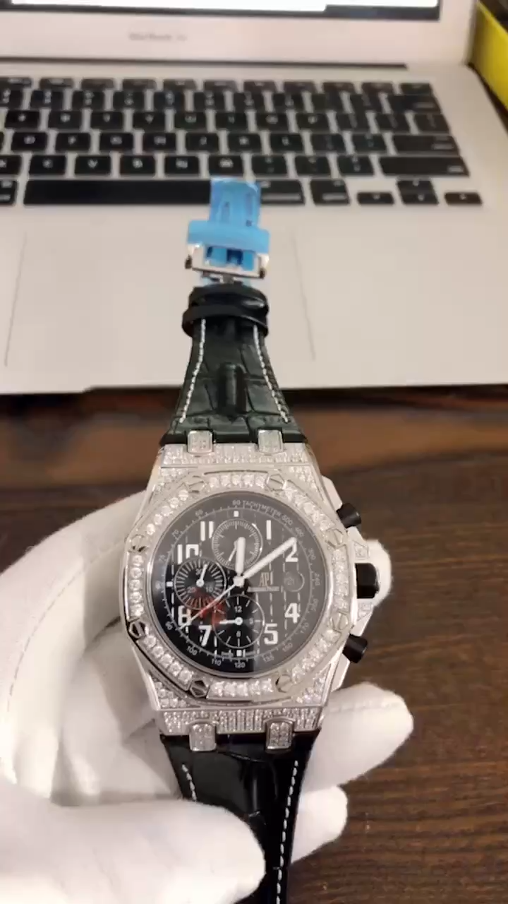 Audemars Piguet Royal Oak Offshore Chronograph Watch Full Diamond Bezel Black Leather Strap Men Luxury Automatic Chronograph Wristwatch