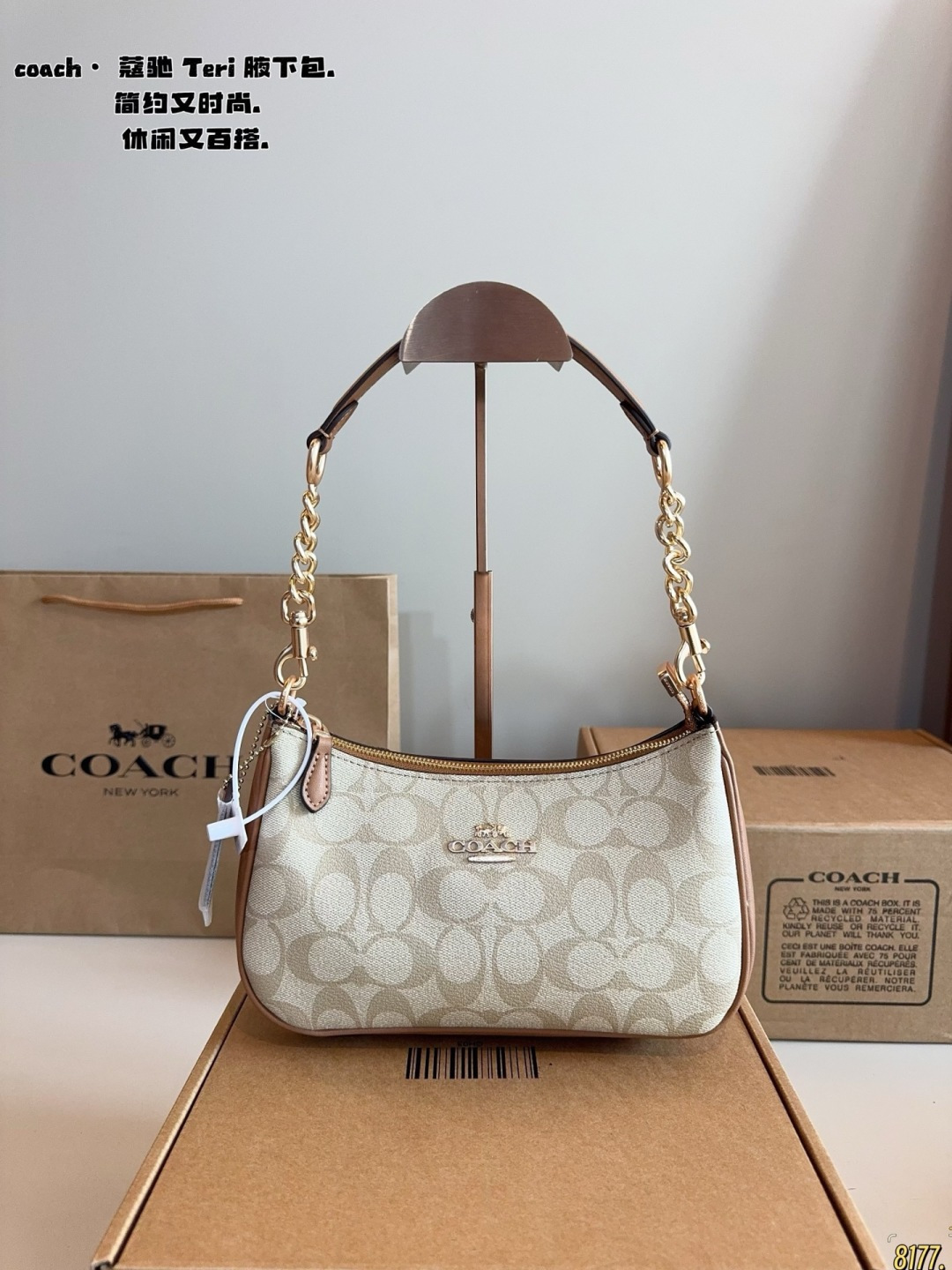 Coach Teri Shoulder Bag in White and Beige Leather with Chain Strap (Replica)