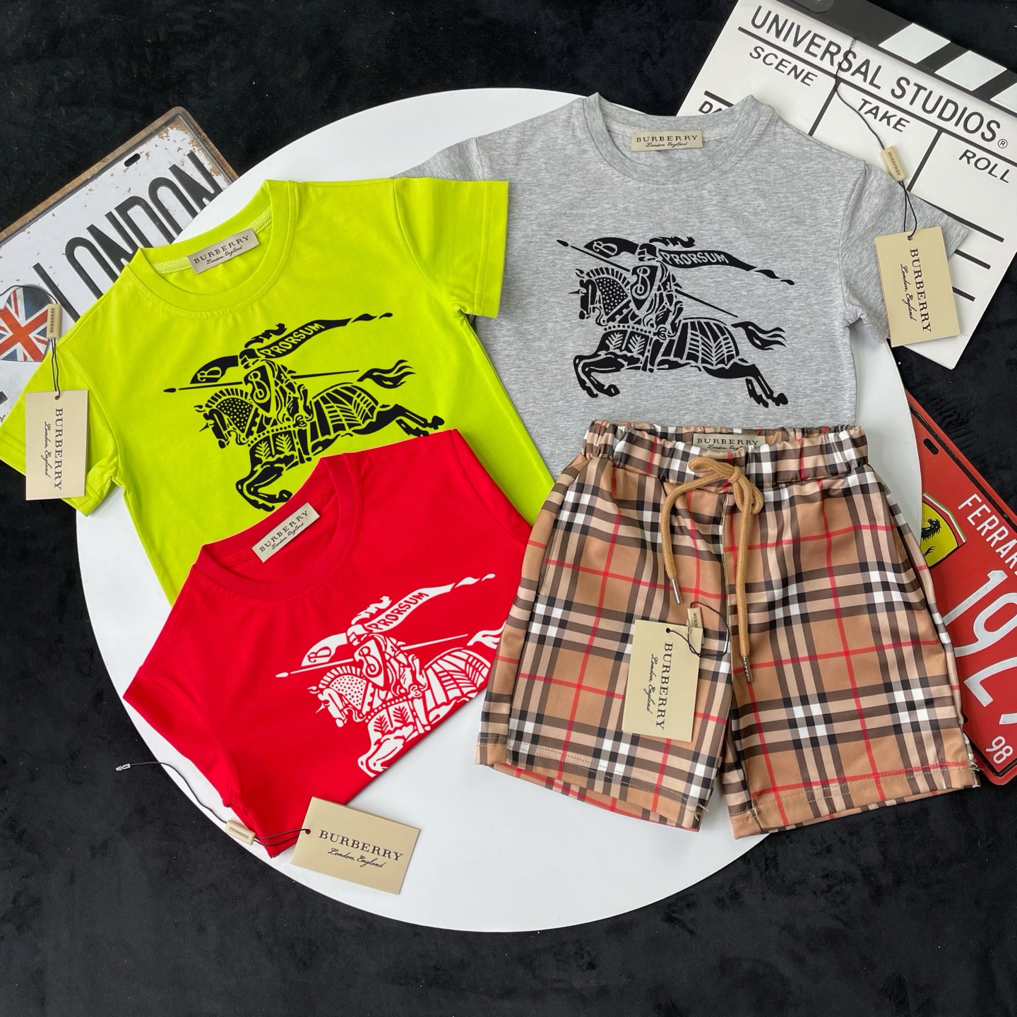 Burberry Unisex Kids Equestrian Knight Print Short Sleeve T Shirt & Vintage Check Drawstring Shorts Two Piece Matching Set Boys Girls Sizes 90-150