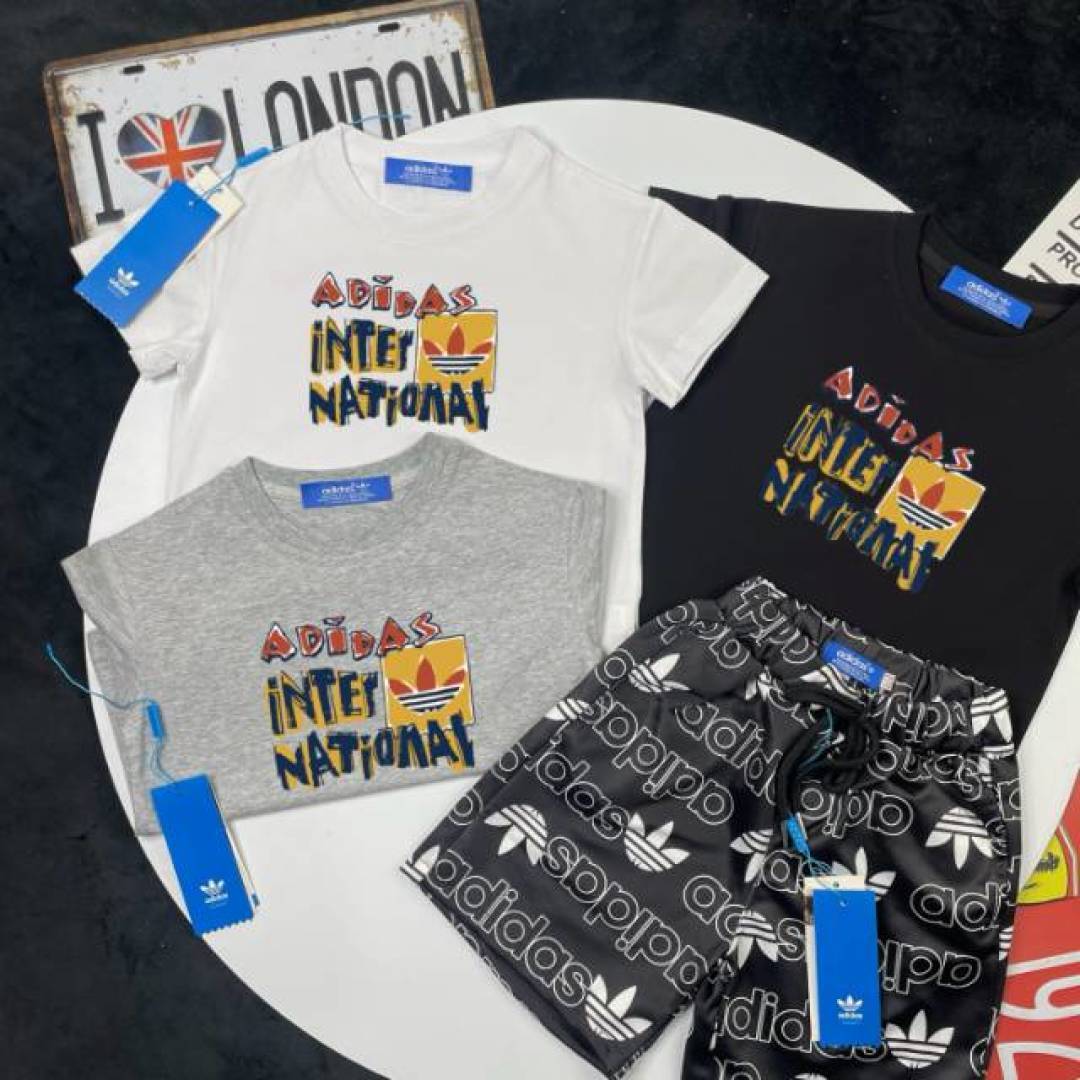 Adidas Kids 2Pcs Vintage International Letter Graphic Tee & All Over Logo Print Shorts Set For Boys Girls Full Original Tags Sizes 90-150