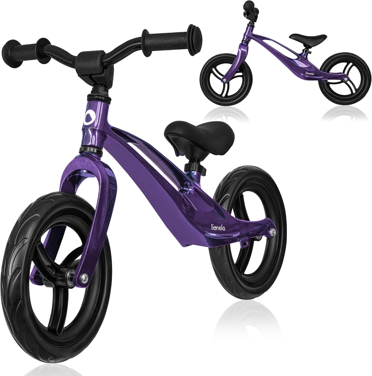 Purple black kids balance bike with air tires, adjustable toddler balance bicycle for boys and girls