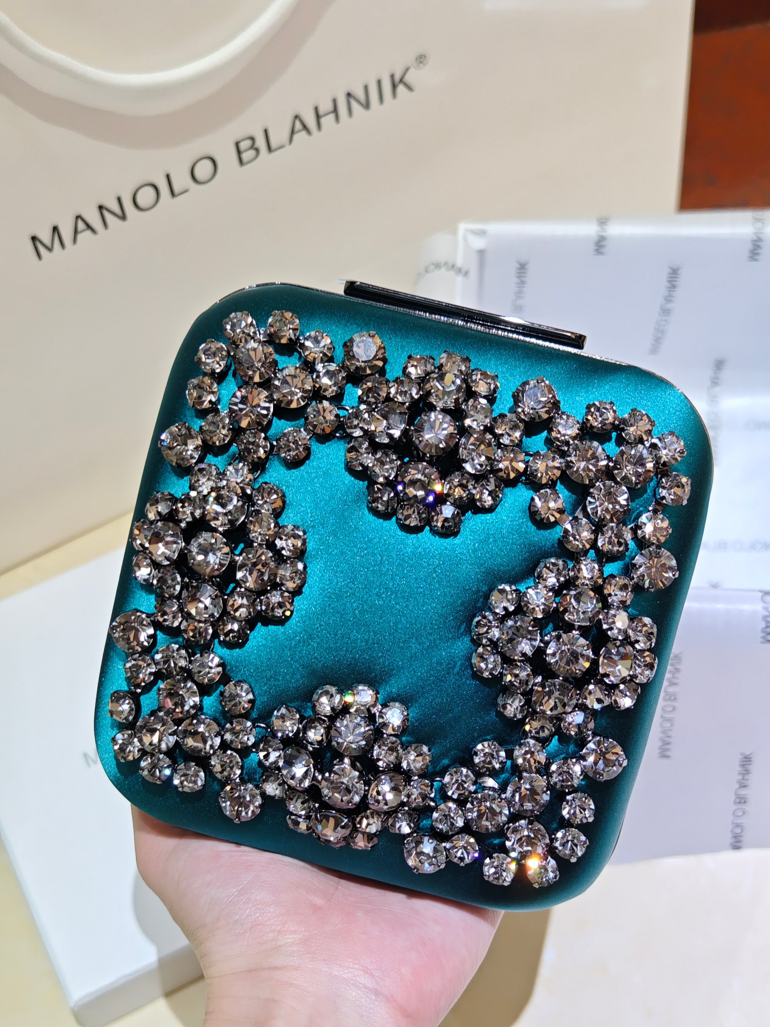[TOP] MANOLO BLAHNIK Lace-patterned Square Bag 15.8*17*7.3cm - Green - 711 Luxury