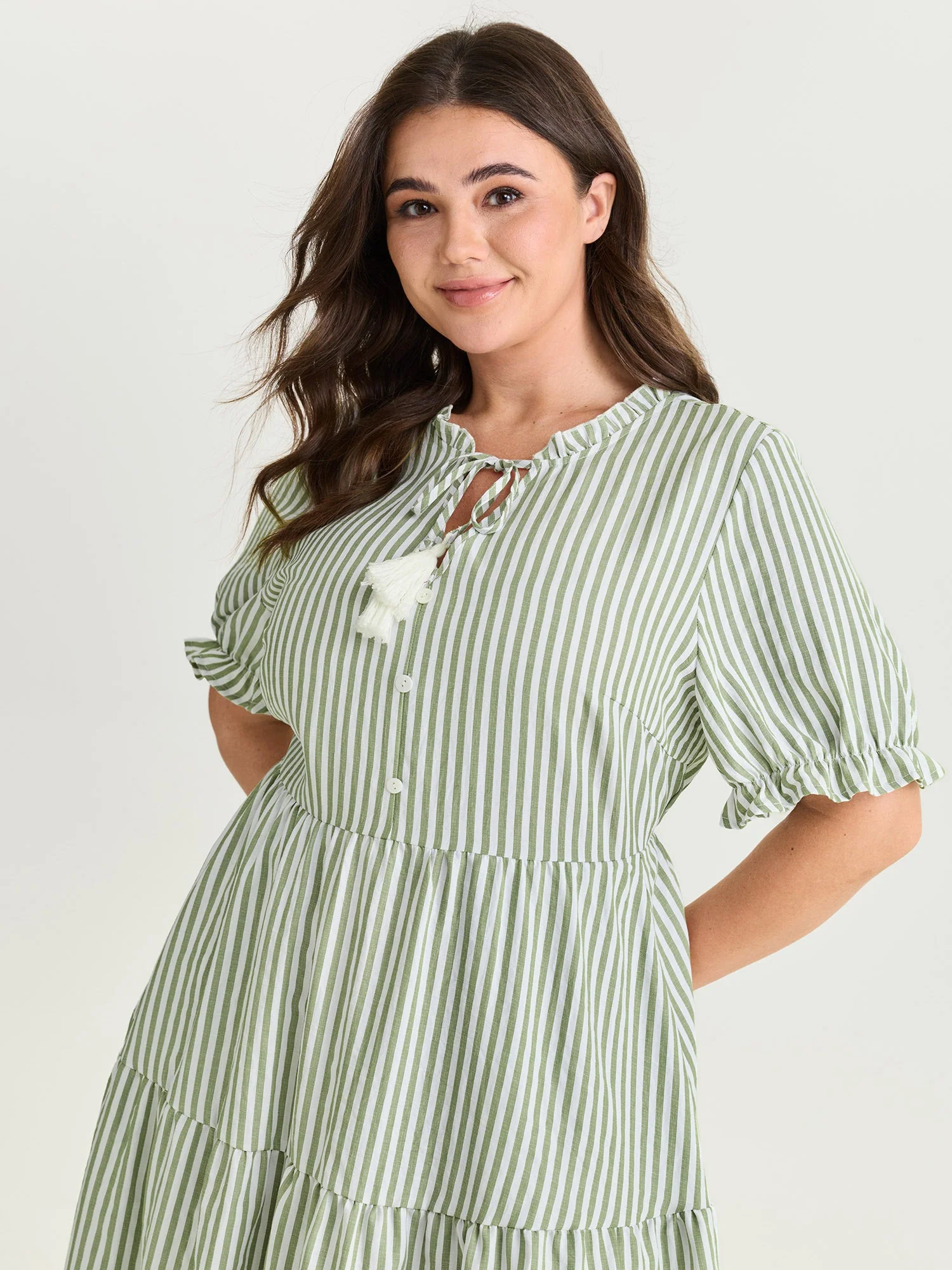 Striped Print Drawstring Tiered Maxi Dress