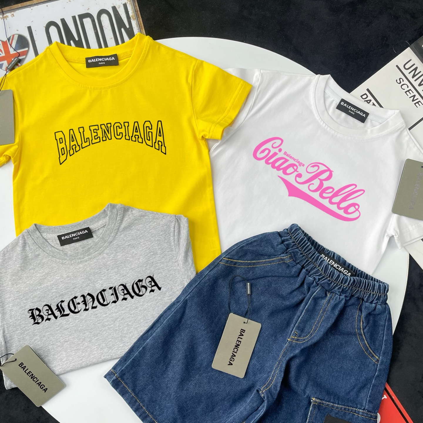 Balenciaga Unisex Kids 3 Styles Short Sleeve T-Shirt & Cargo Denim Shorts 2 Piece Set Boys Girls Sizes 90-150