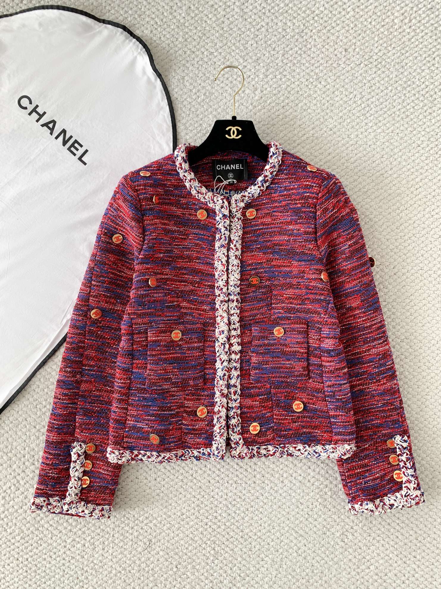 Chanel red Clothing CHANEL Jacket and Midi Skirt Tweed Red Blue #395878 View 2 | Nigo Office