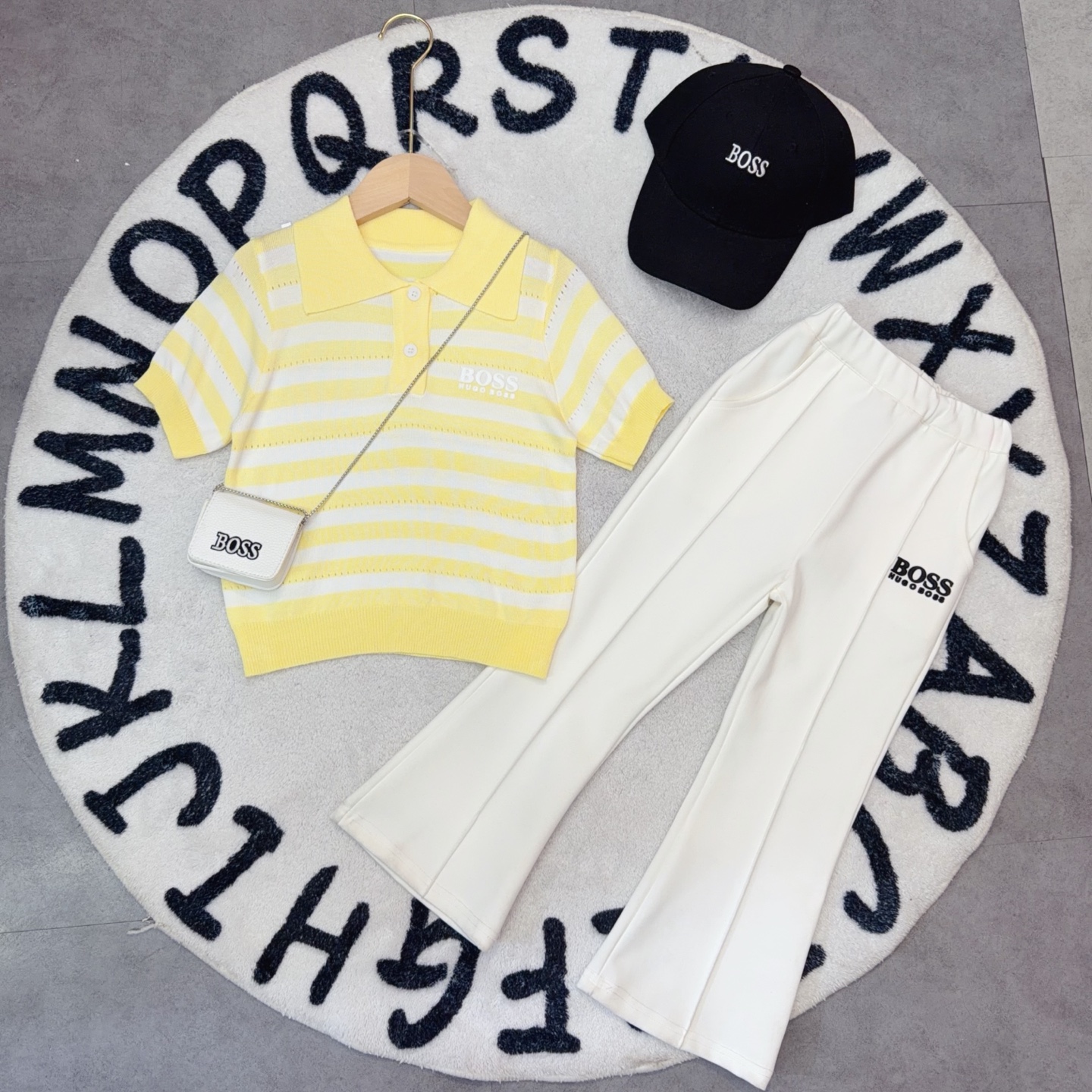 Boss Girls Yellow White Striped Knit Polo Short Sleeve Top & White Flared Long Pants Set Sizes 90-160