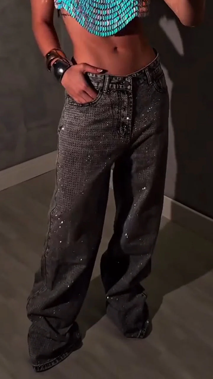 Women Rhinestone Washed Casual Jeans
