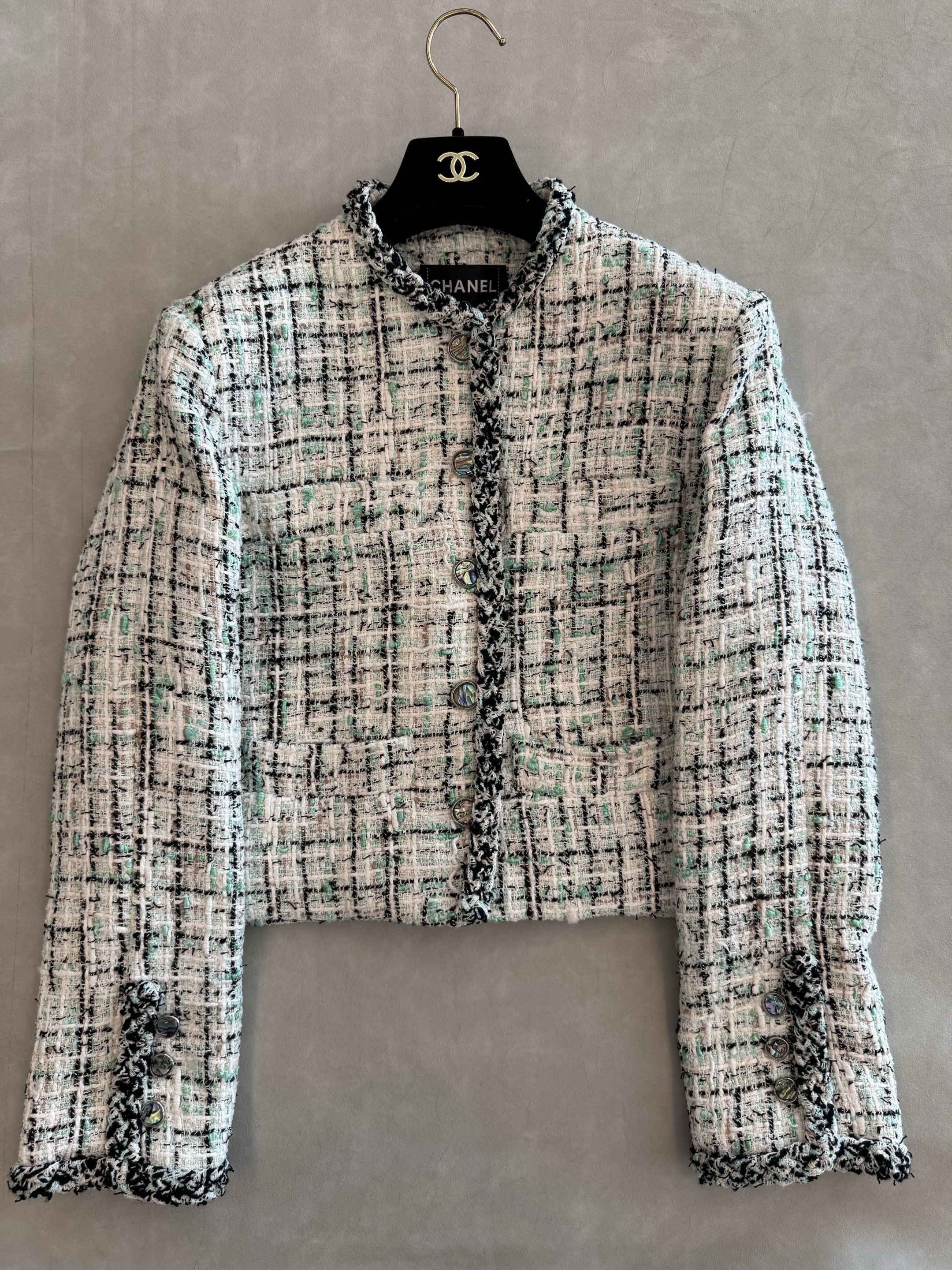 Chanel black Clothing CHANEL Jacket Tweed Aqua Green White Black #389747 View 2 | Nigo Office