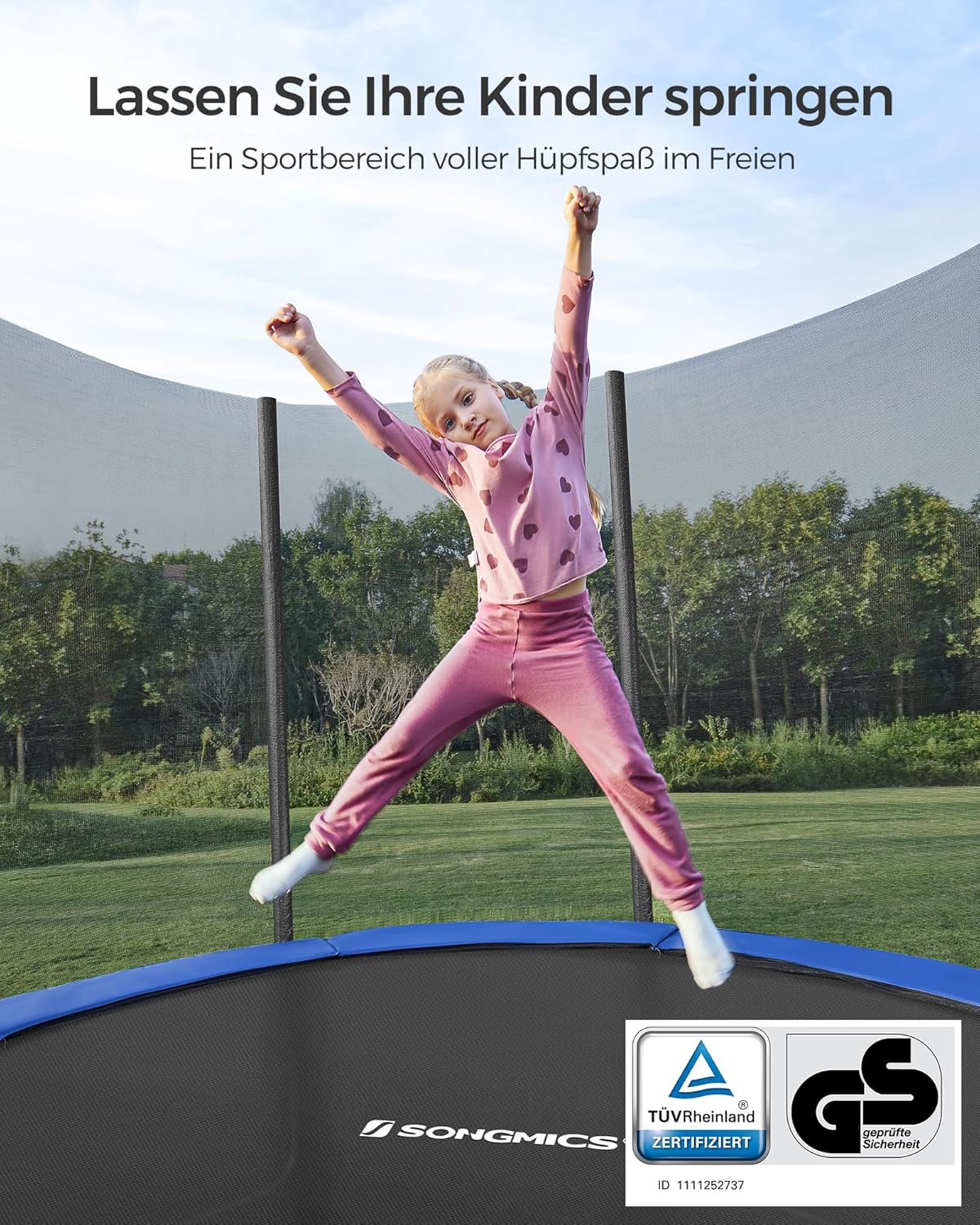 SONGMICS Trampolin Outdoor Ø 244cm, rundes Gartentrampolin mit Randabdeckung, mit Sicherheitsnetz, mit Leiter und gepolsterten Stangen