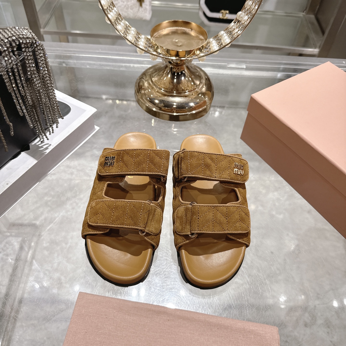 [TOP] Miu Miu Cowhide Slippers - Brown - 711 Luxury