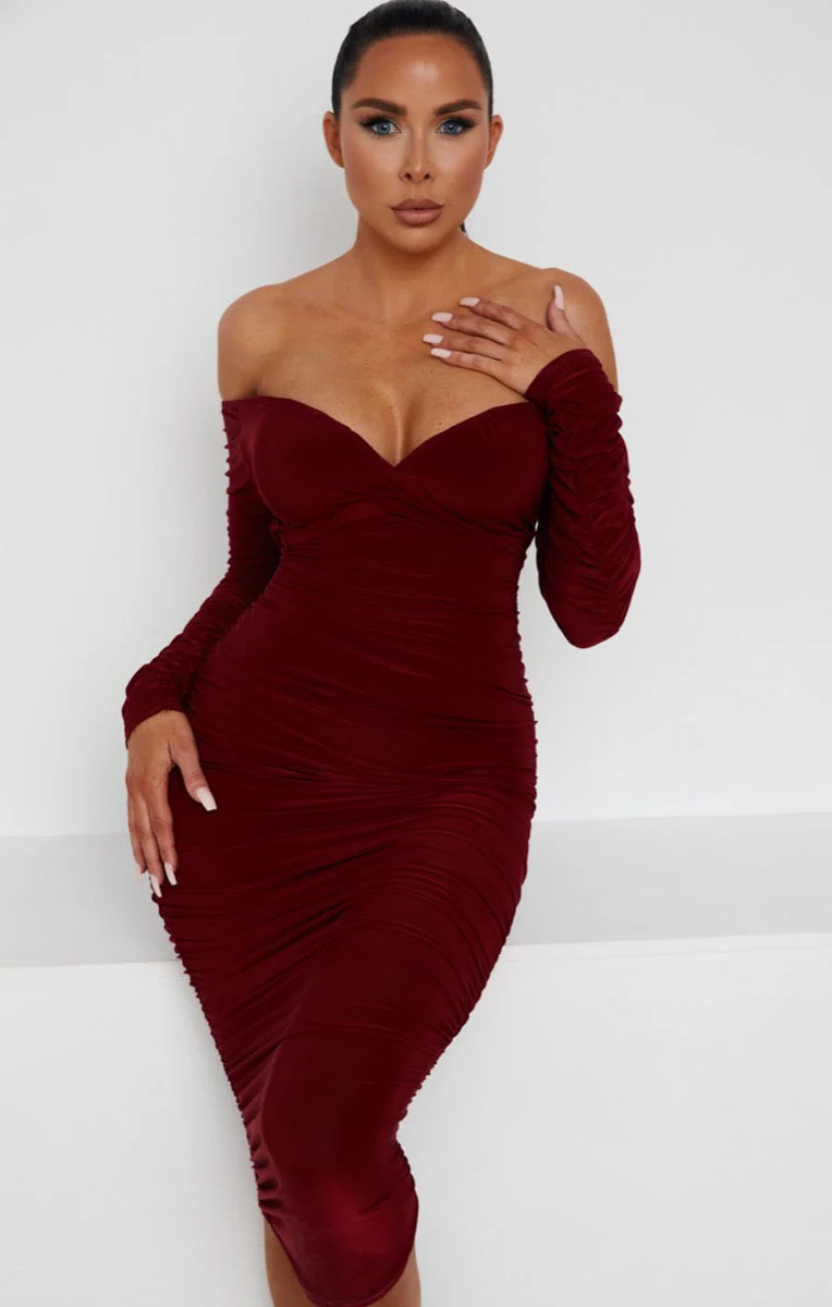 Ruched Bardot Long Sleeve Bodycon Mini Dress