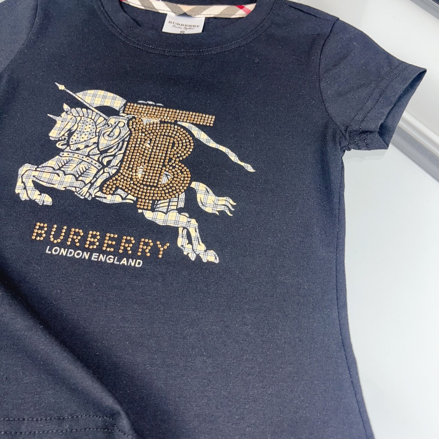 Burberry Unisex Kids Hot Fix Rhinestone Equestrian Knight Print Crew Neck Cotton Short Sleeve T-Shirt Boys Girls Sizes 90-130