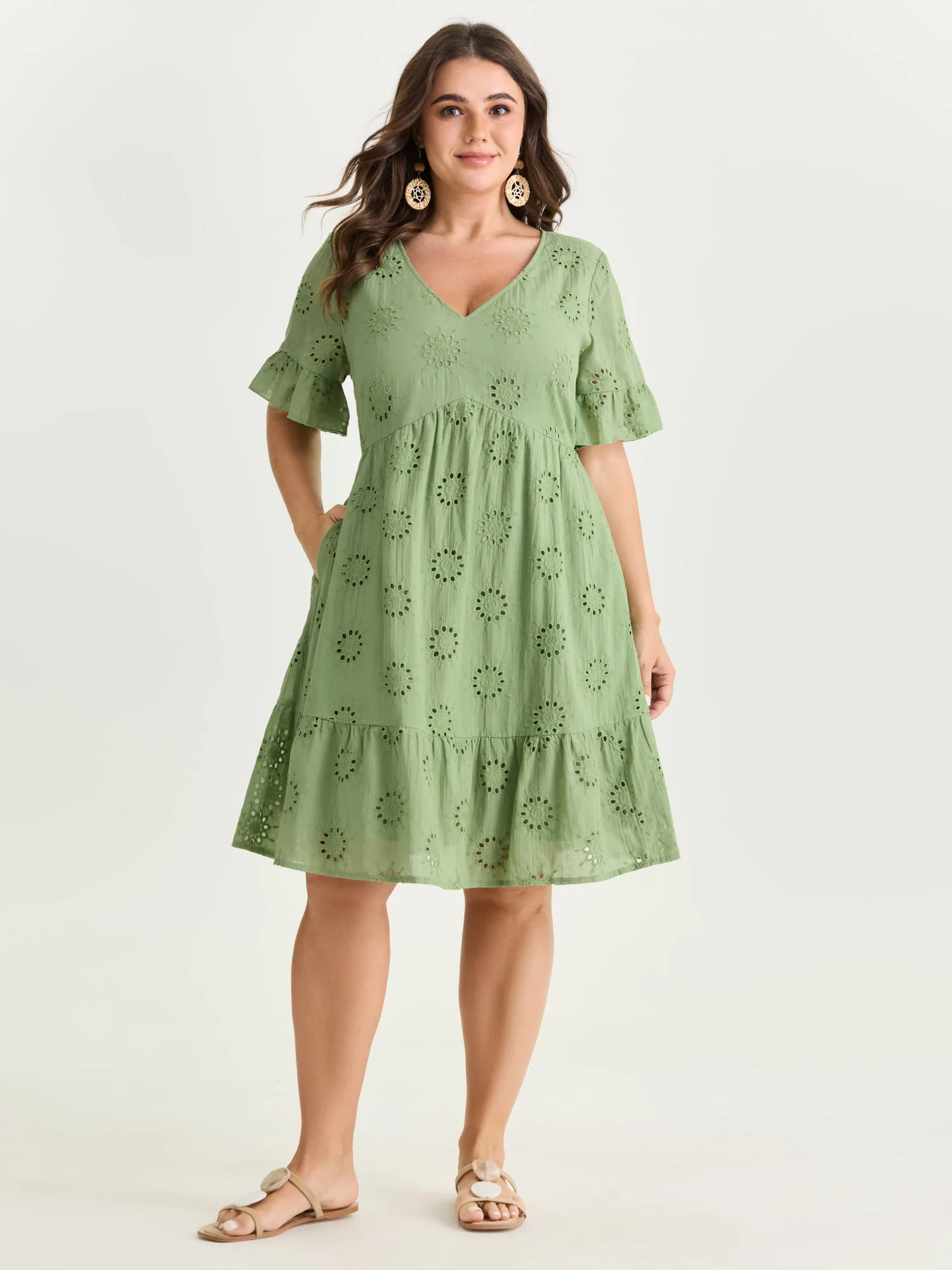Eyelet Embroidered Ruffled Sleeve Mini Dress