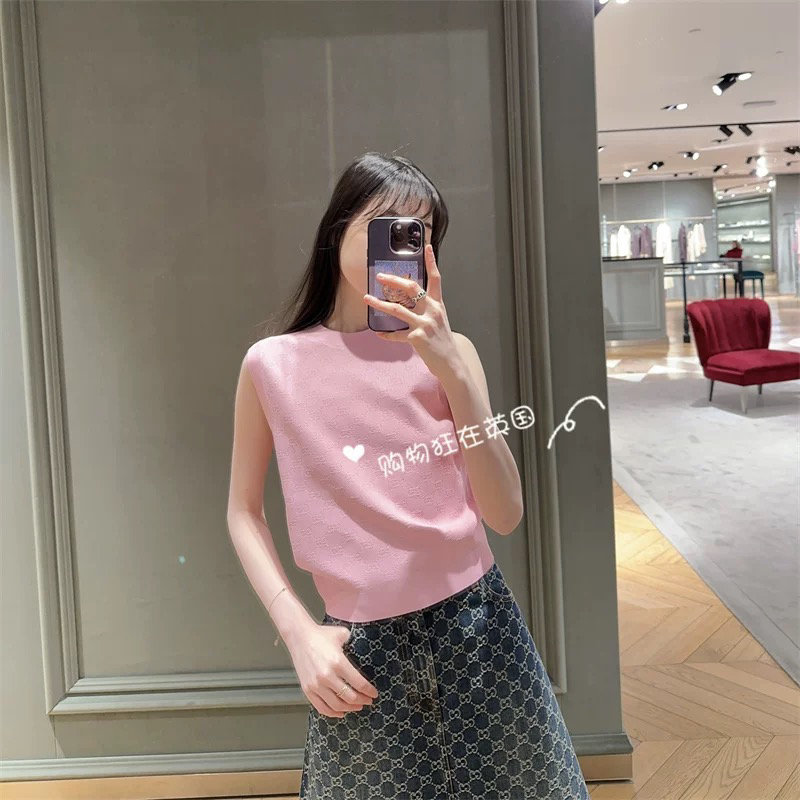 [TOP] GUCCI Jacquard Crew Neck Sleeveless Vest Top - Pink