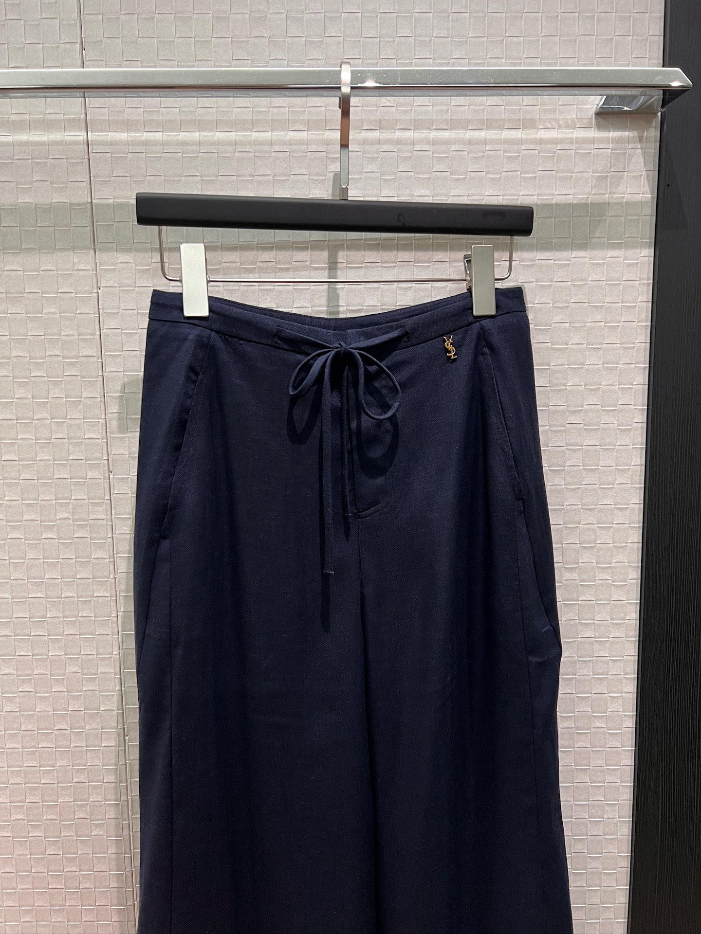 [TOP] Yves Saint Laurent YSL Lace-up Minimalist Linen Wide-leg Pants - Blue