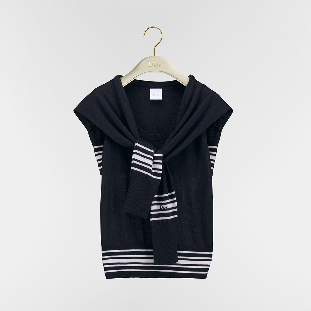 DIOR Sleeveless Sweater Navy Blue and White Cashmere and Silk Knit #379426
