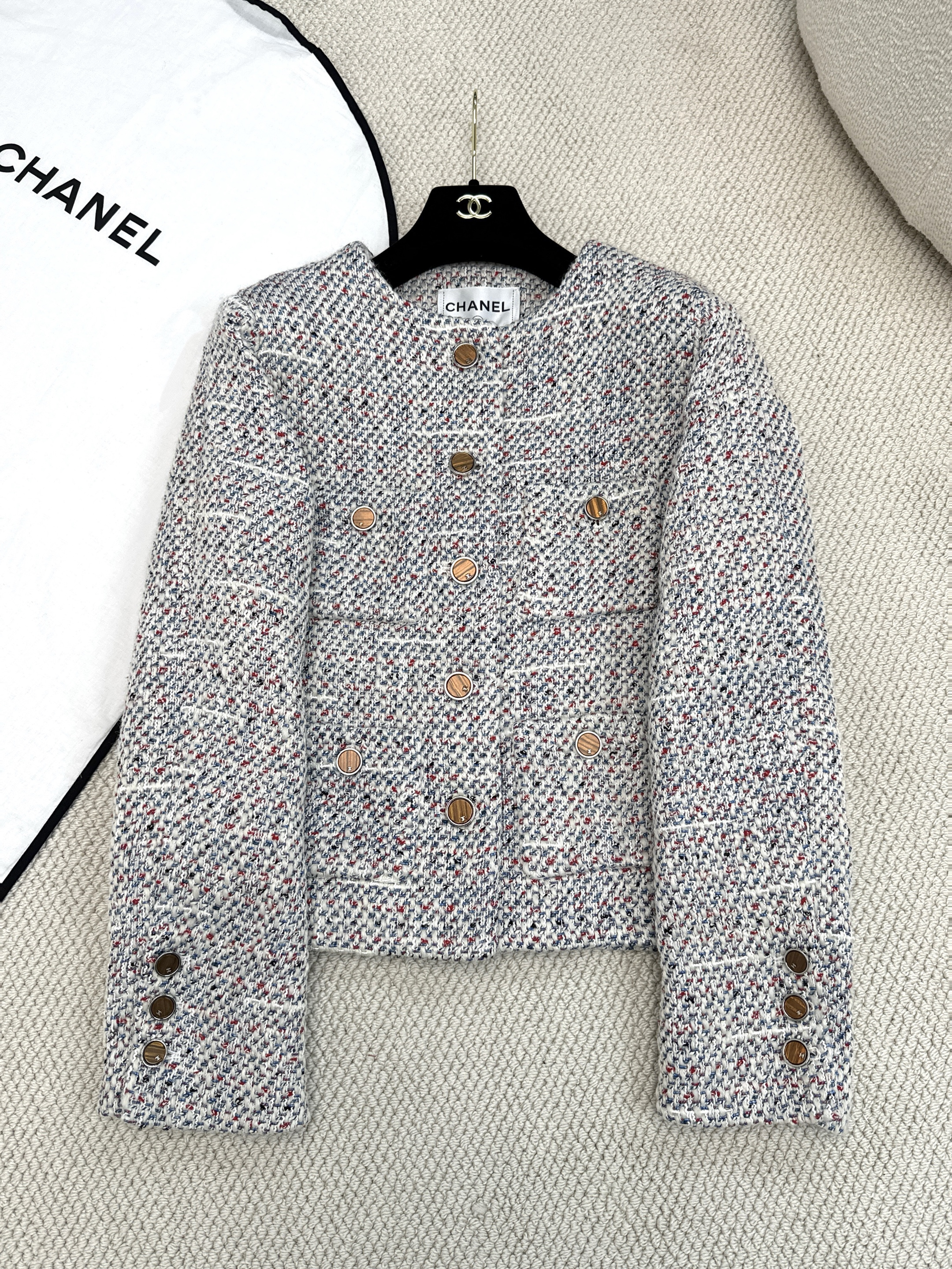 Chanel white Clothing CHANEL Jacket Cotton Wool Tweed White Blue Red #378450 View 2 | Nigo Office