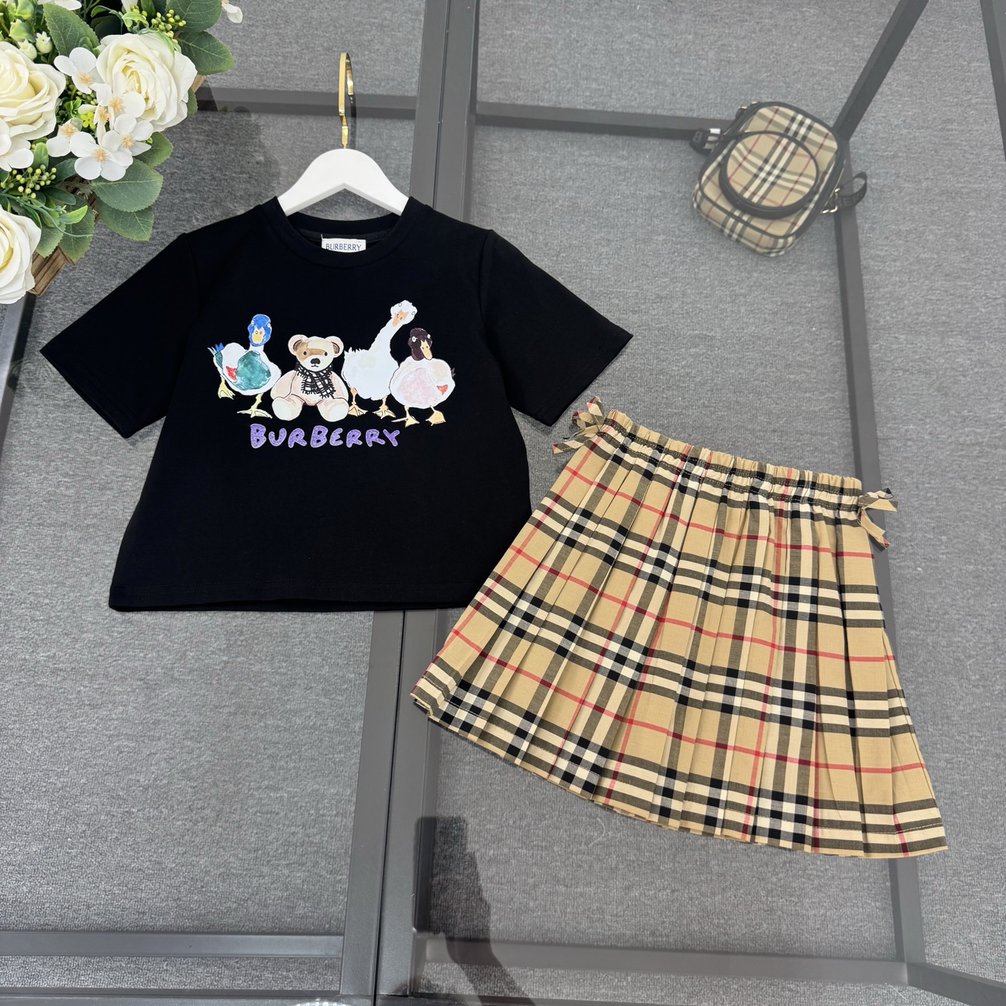 Burberry Girls Cartoon Duck Bear Print Short Sleeve Cotton T-Shirt & Vintage Check Elastic Waist Bow Pleated Skirt Two Piece Matching Set Kids Sizes 100-160 Black