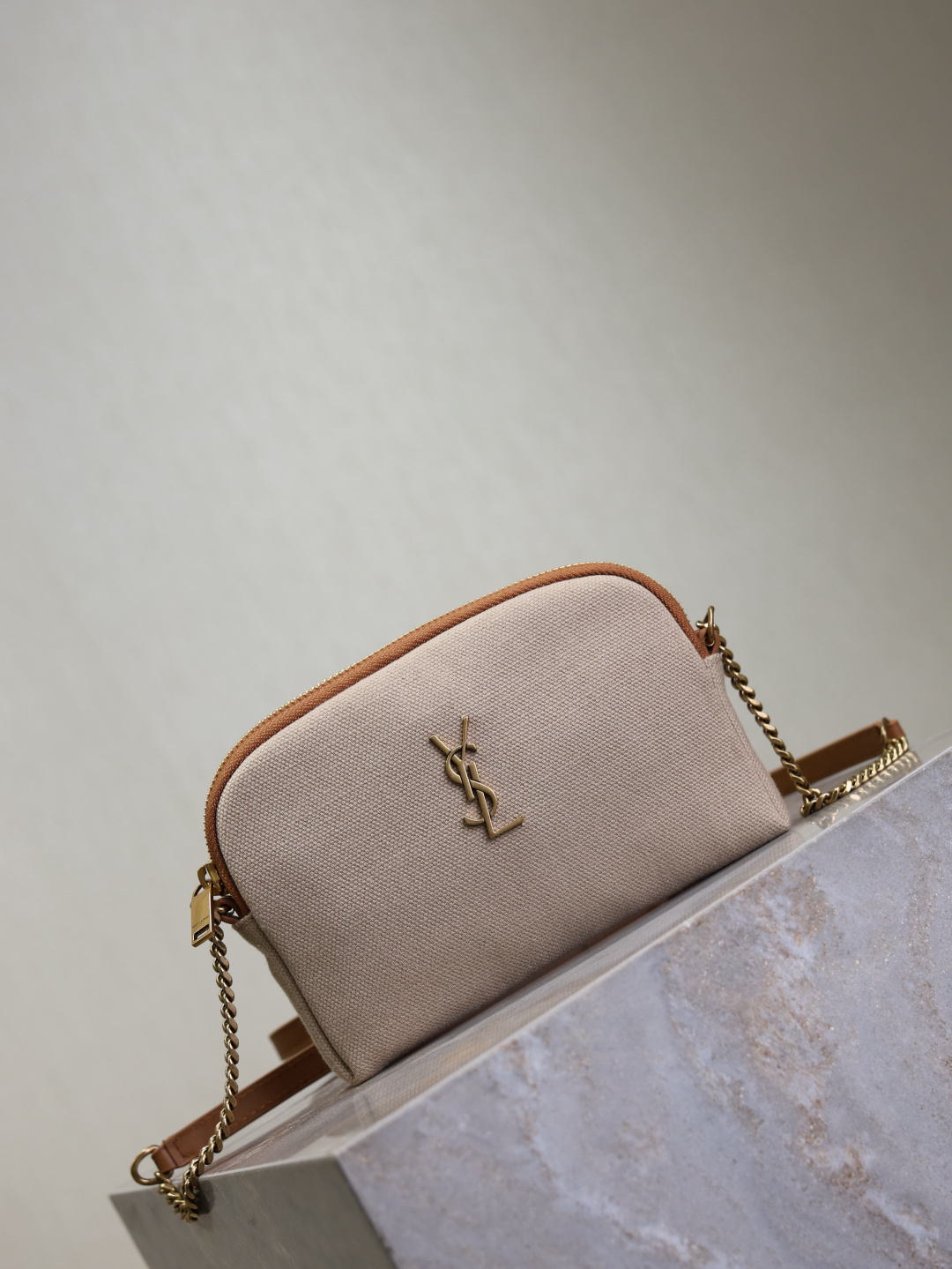 [TOP] Yves Saint Laurent YSL Gaby Canvas/Cowhide Bag 19x3x3.5cm - Beige & GHW - 711 Luxury