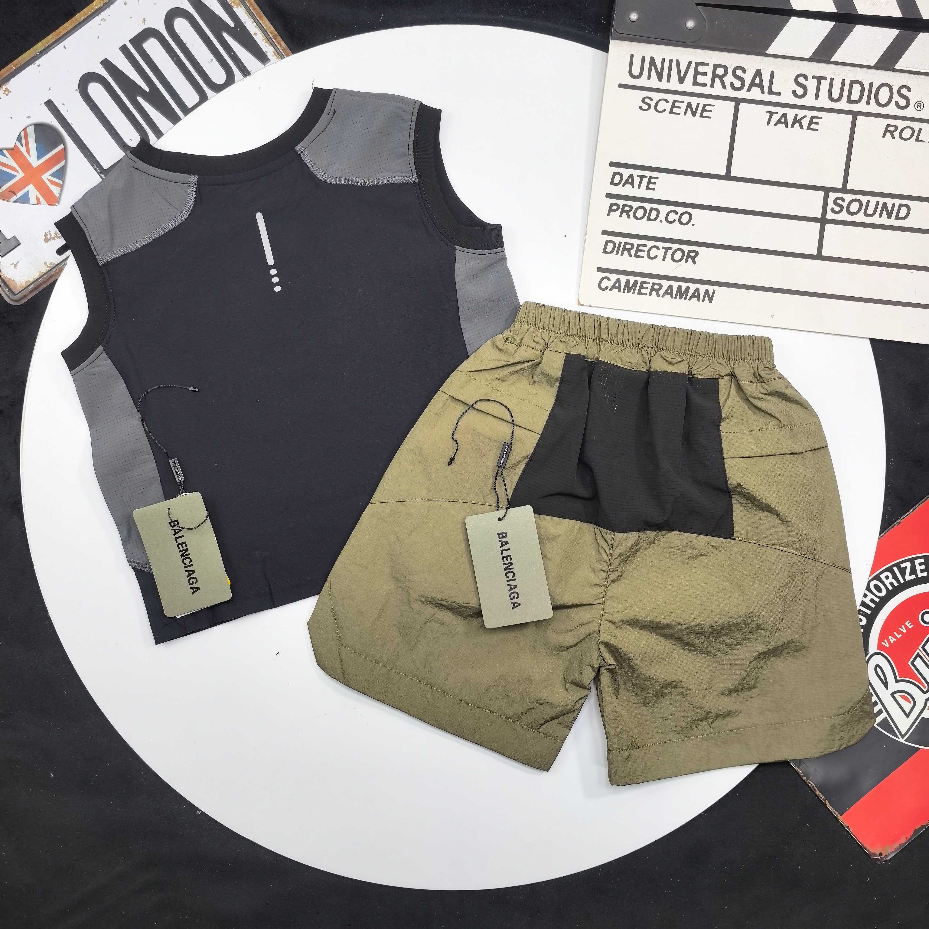 Balenciaga Unisex Kids Color Block Splicing BB Patch Tank Top & Quick Dry Cargo Shorts 2 Piece Outfit Boys Girls Sizes 90-150