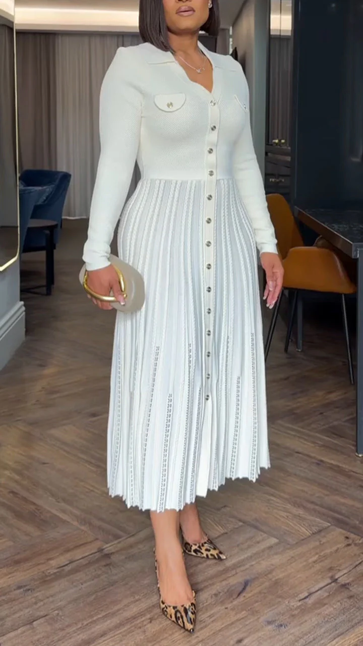 Women Collar Patchwork Buckle Elegant Casual Dress