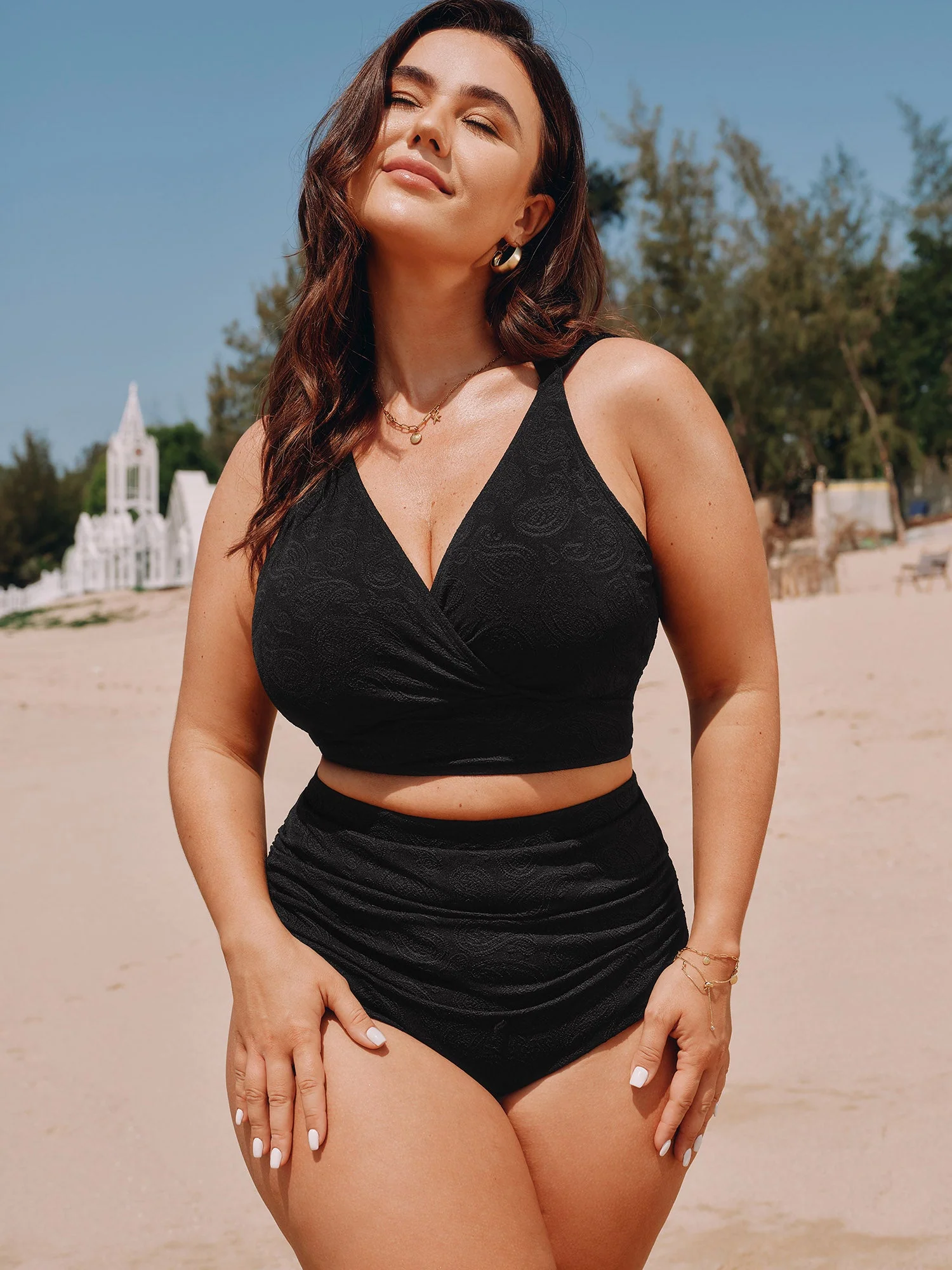 Paisley Textured High-Waisted Swim Bottoms
