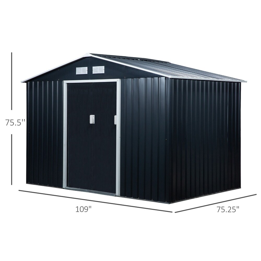 Outsunny 9 x 6ft Garden Metal Storage Shed, Outdoor Storage Tool House with Ventilation Slots, Floor Foundation and Lockable Double Doors