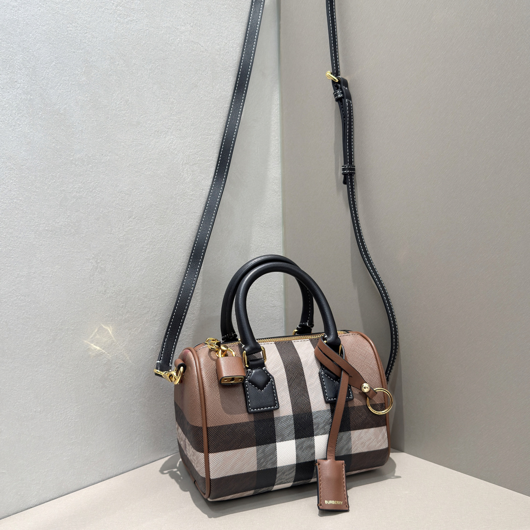 [TOP] BURBERRY Mini Plaid Boston Bag 18.5x11x12cm - Brown - 711 Luxury