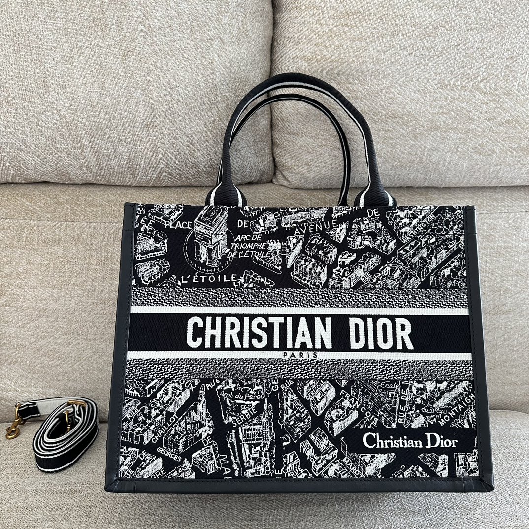 DIOR Medium Dior Book Tote Black and White Plan de Paris Embroidery with Black Calfskin #323178