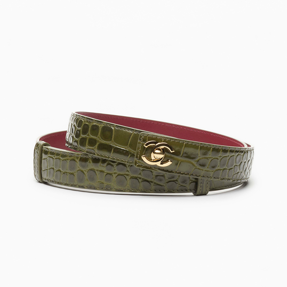 Chanel khaki Belt CHANEL Leather Belt Crocodile Embossed Calfskin Metal Khaki Gold #394377 | Nigo Office