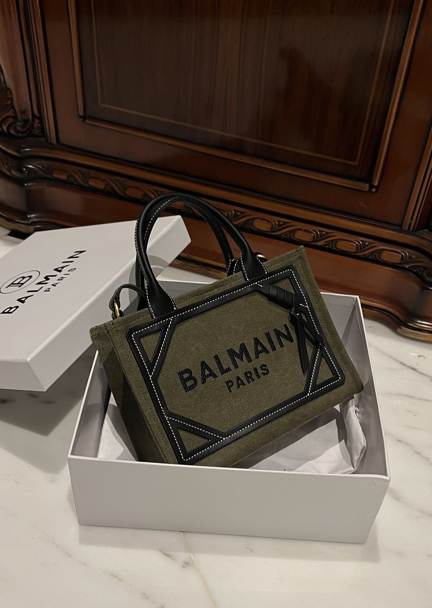 [TOP] BALMAIN Canvas Printed Leather Patch Tote Bag 26*18*11cm - Green - 711 Luxury
