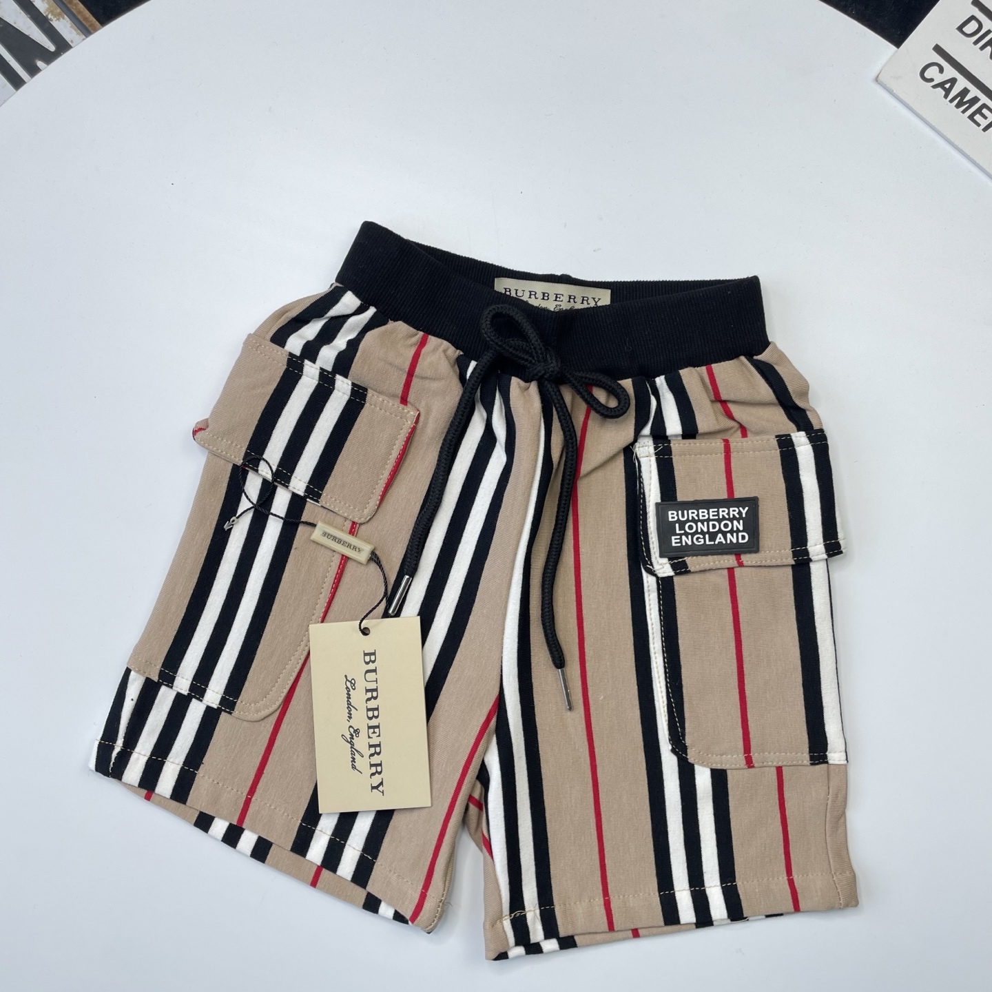Burberry Unisex Kids Iconic Vintage Stripe French Terry Drawstring Casual Shorts Boys Girls Sizes 90-140, Kids Sweat Shorts
