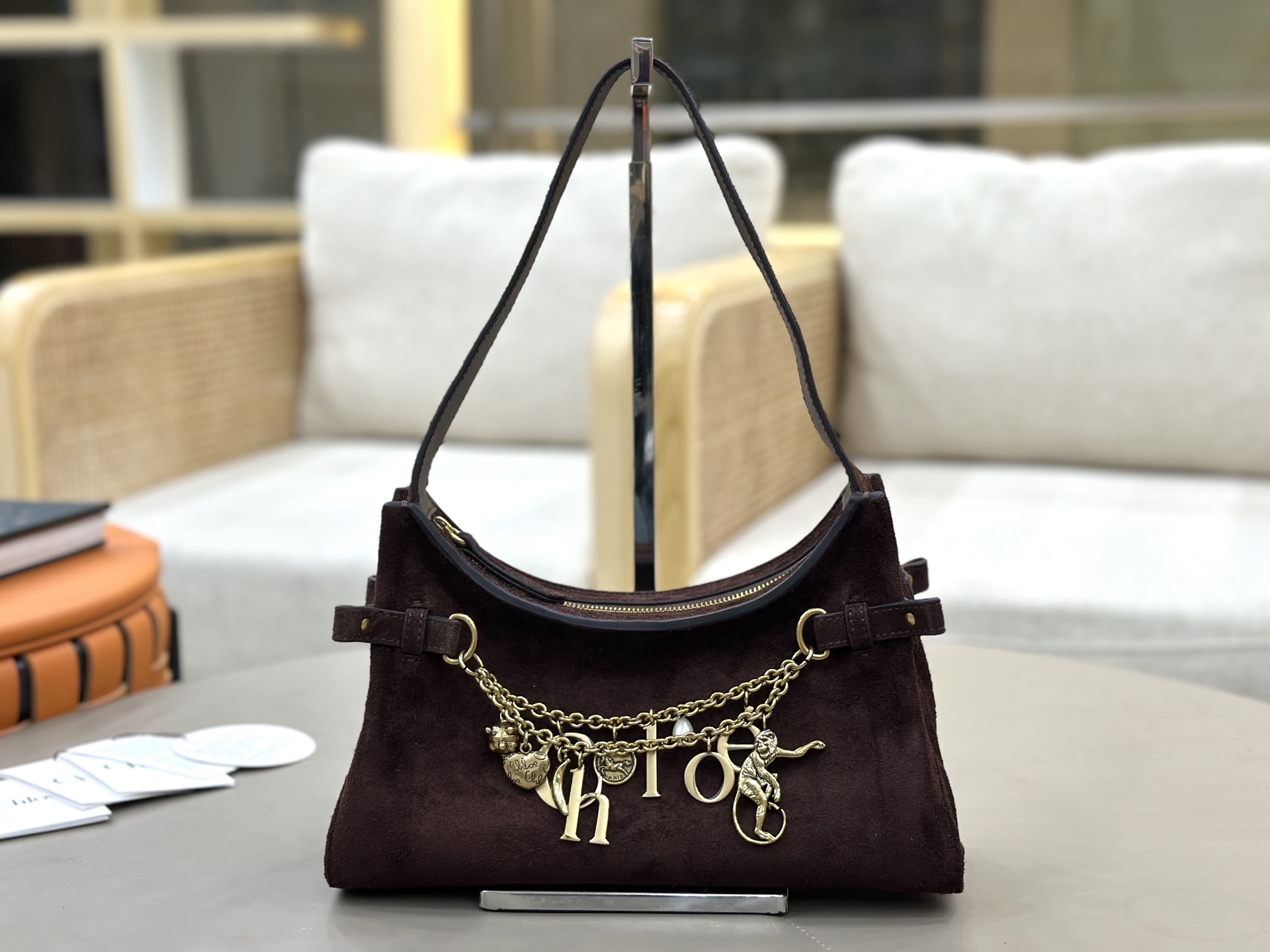 [TOP] Chloe Charms Hobo Bag Suede Leather 28.5*18*10cm - Chocolate - 711 Luxury