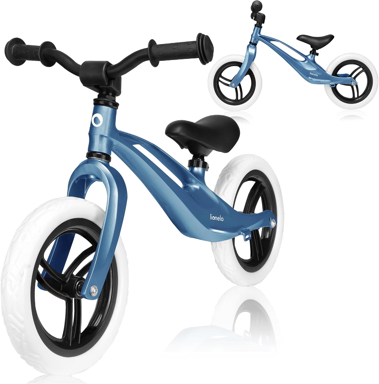 Blue kids balance bike with air tires, lightweight toddler push bike with adjustable