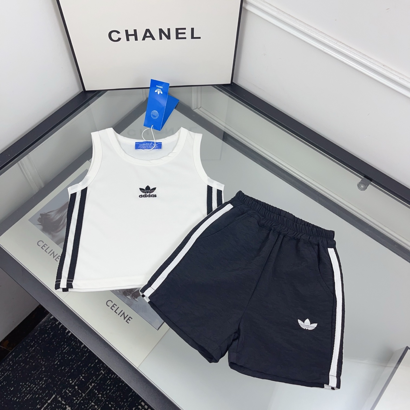 Adidas Unisex Kids White 3 Stripes Embroidery Trefoil Tank Top & Quick Dry Shorts Sports Set Boys Girls Sizes 80-130