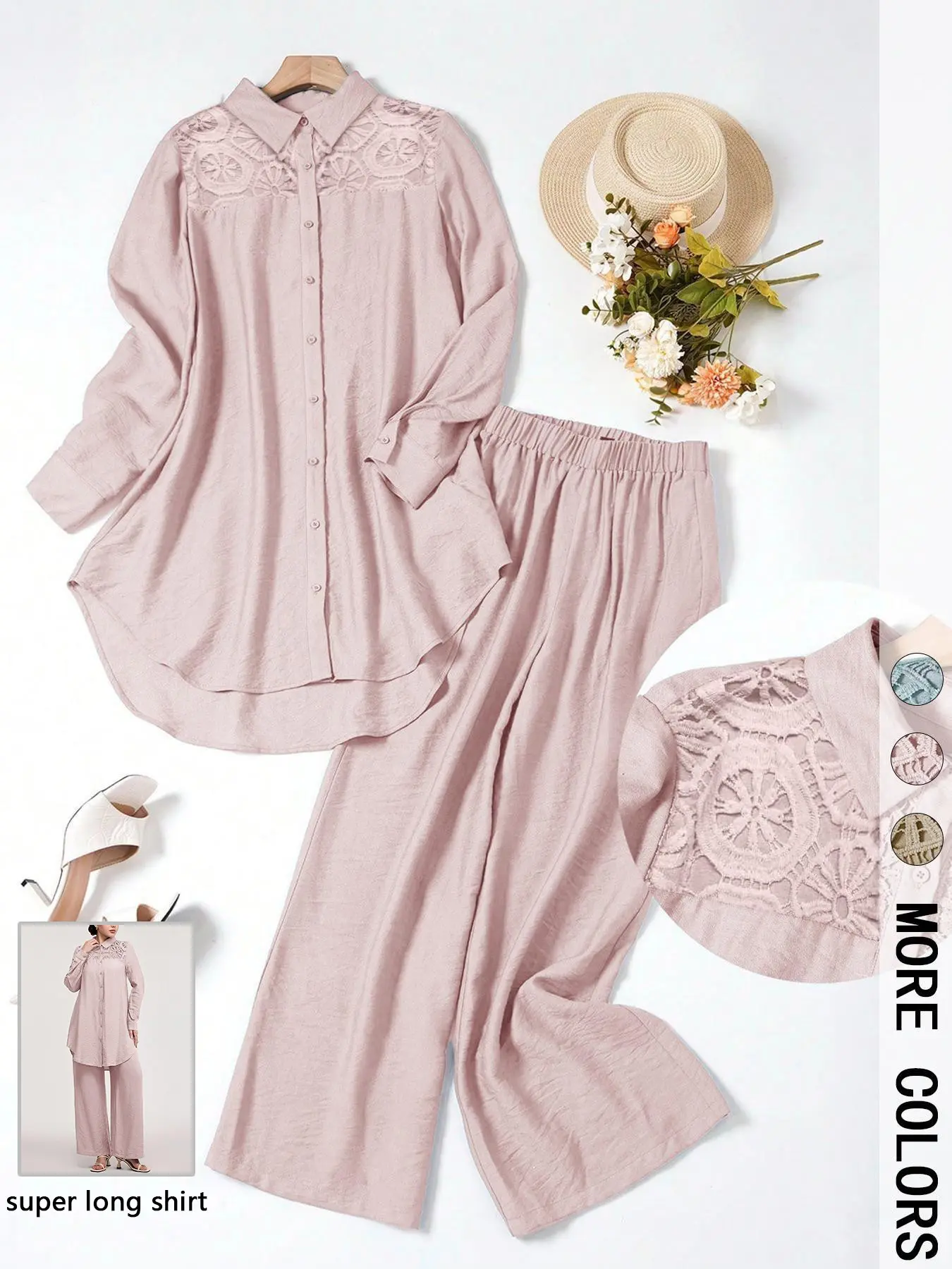 Women's Casual Two-Piece Set, Hollow-Out Top and Loose-Fit Pants