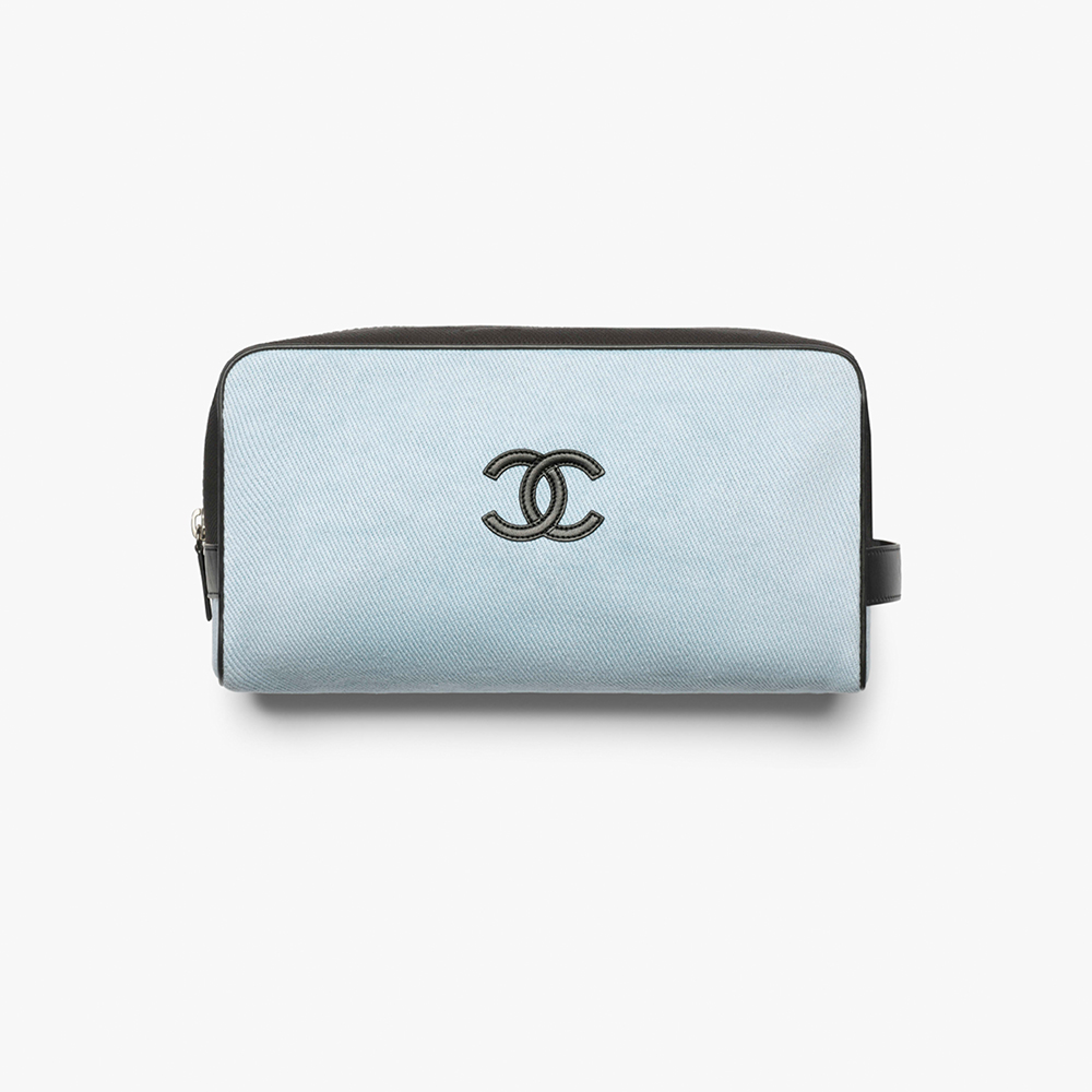 Chanel black Bag CHANEL Large Zipped Pouch Canvas Calfskin Silver-tone Metal Blue Black #389077 | Nigo Office