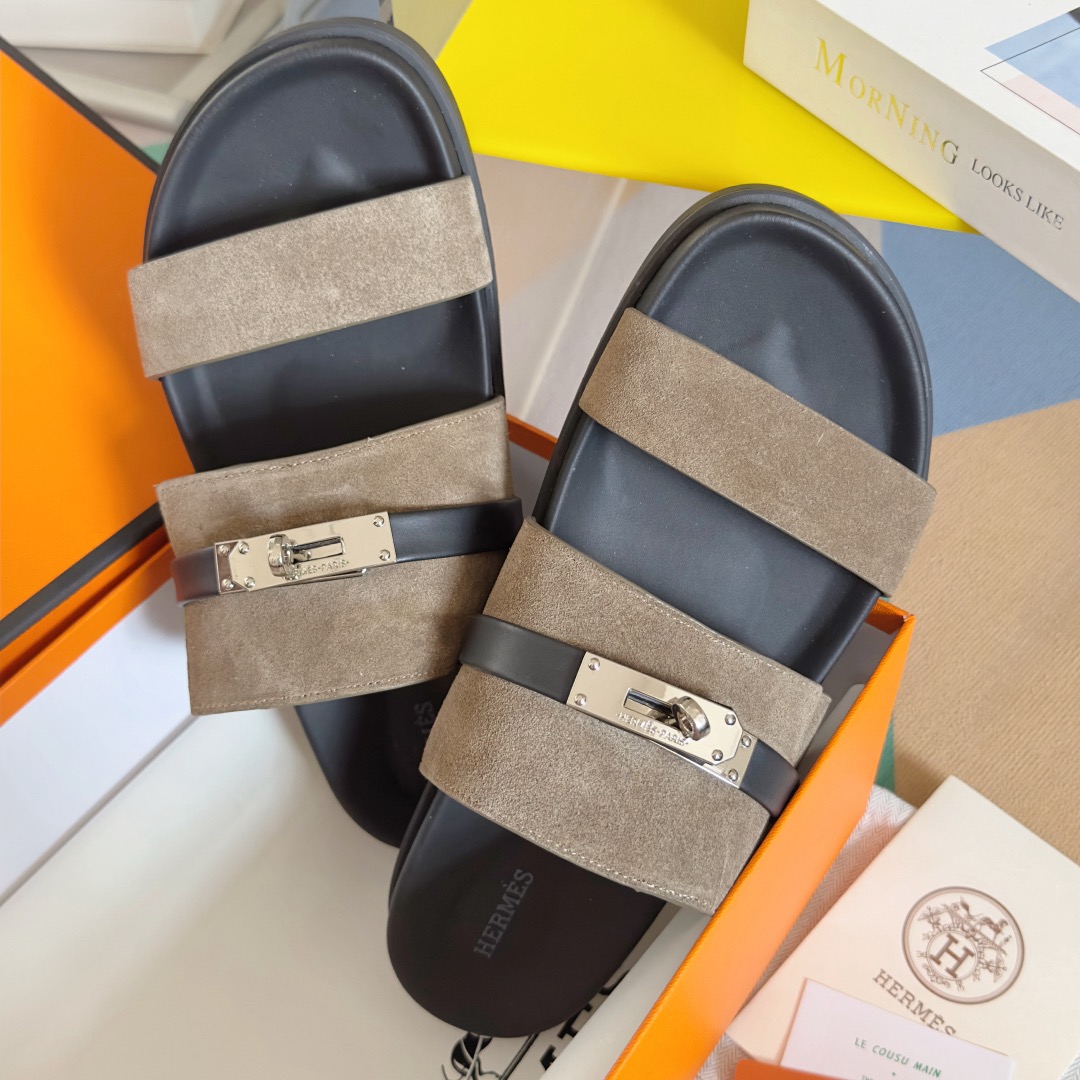 [TOP] HERMES Men's/Women's Jackson Calfskin Slippers - Gray - 711 Luxury