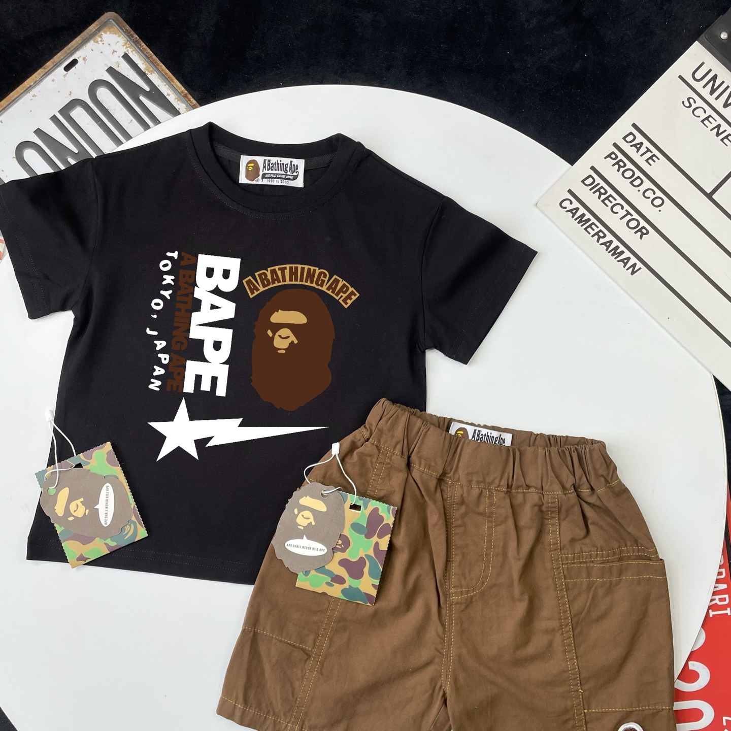 Bape Unisex Kids Black Ape Head Star Print Short Sleeve T-Shirt & Brown Woven Cargo Shorts Set Boys Girls Sizes 90-150